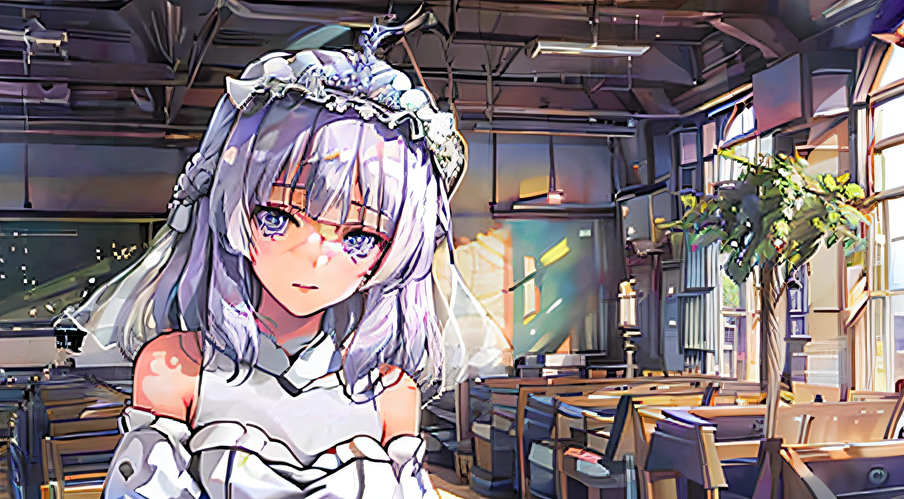 classroom of the elite, cote, arisu sakayanagi, wedding, in a wedding dress, focus on face, extreme close up, wedding dress, white wedding dress, lilac hair, violet eyes, holding bouquet of flowers, anime girl, anime style, in the style of classroom of the elite, light novel, shoulders up, wedding veil across face, in church, reception, at altar, no hat, flower crown.