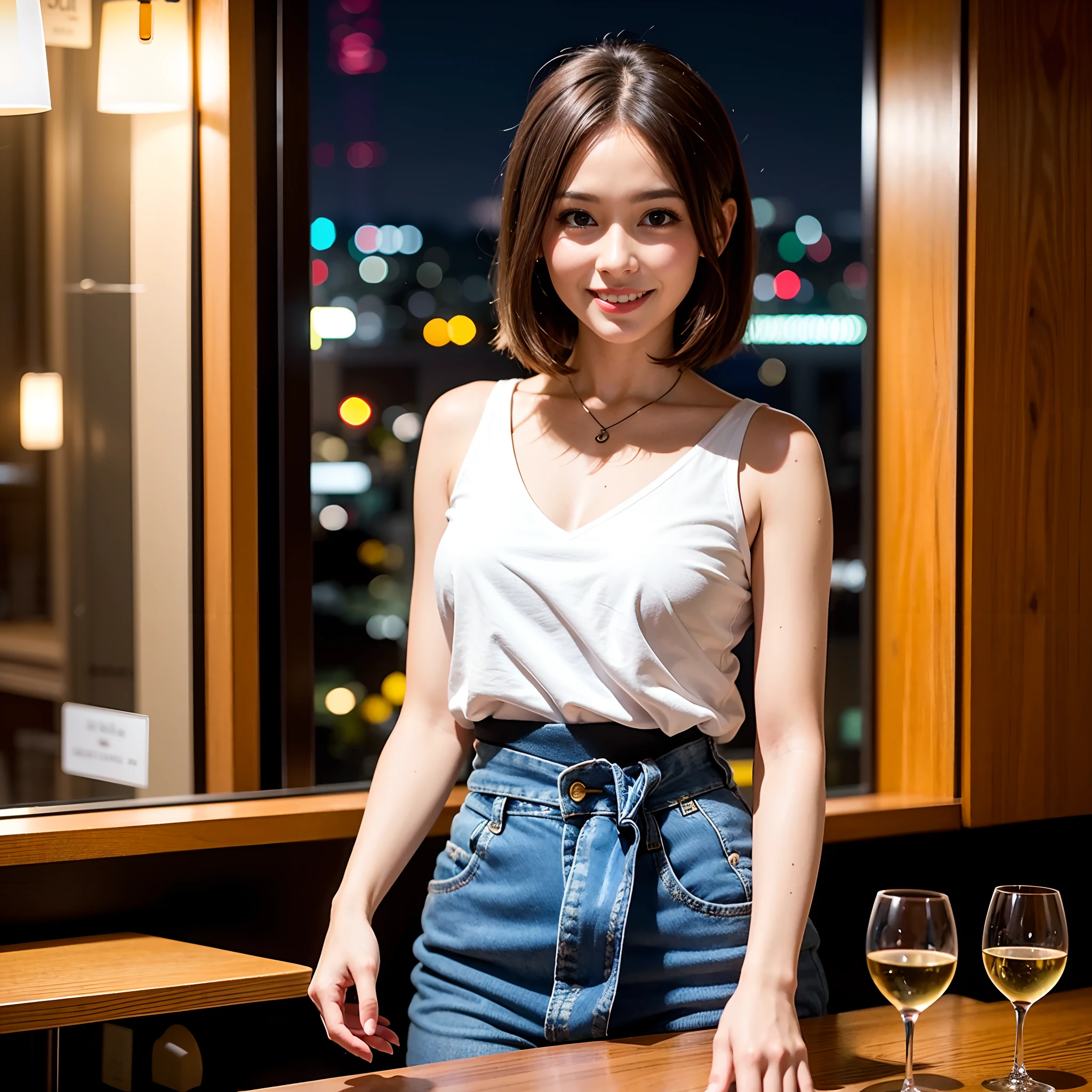 (64K, UHD, top quality, masterpiece: 1.2), (realistic, photorealistic: 1.37), super detailed, pretty woman 1 person, (slim face), (slim body), (brown hair), (short cut), cheeks slightly blushing, (35 years old), 38 years old, solo, beautiful detailed urban night view outside the window, restaurant, wine glasses sit, at night, in a prominent place (from the waist up) NovaFrogStyle, Actress, Model, Waist Up, White Wine, Slim, Wine Glass, Super Clean Night View, Wine Glass Put in the Middle, Happy Smile, (Smile: 1.15), Beautiful Fine Eyes, Upper Body, Bust Japan Up, Night, Short, Short, Actress, Model, Waist Up, White Wine, Slim, Wine Glass, Super Clean Night View, Wine Glass Put in the Middle, Happy Smile,