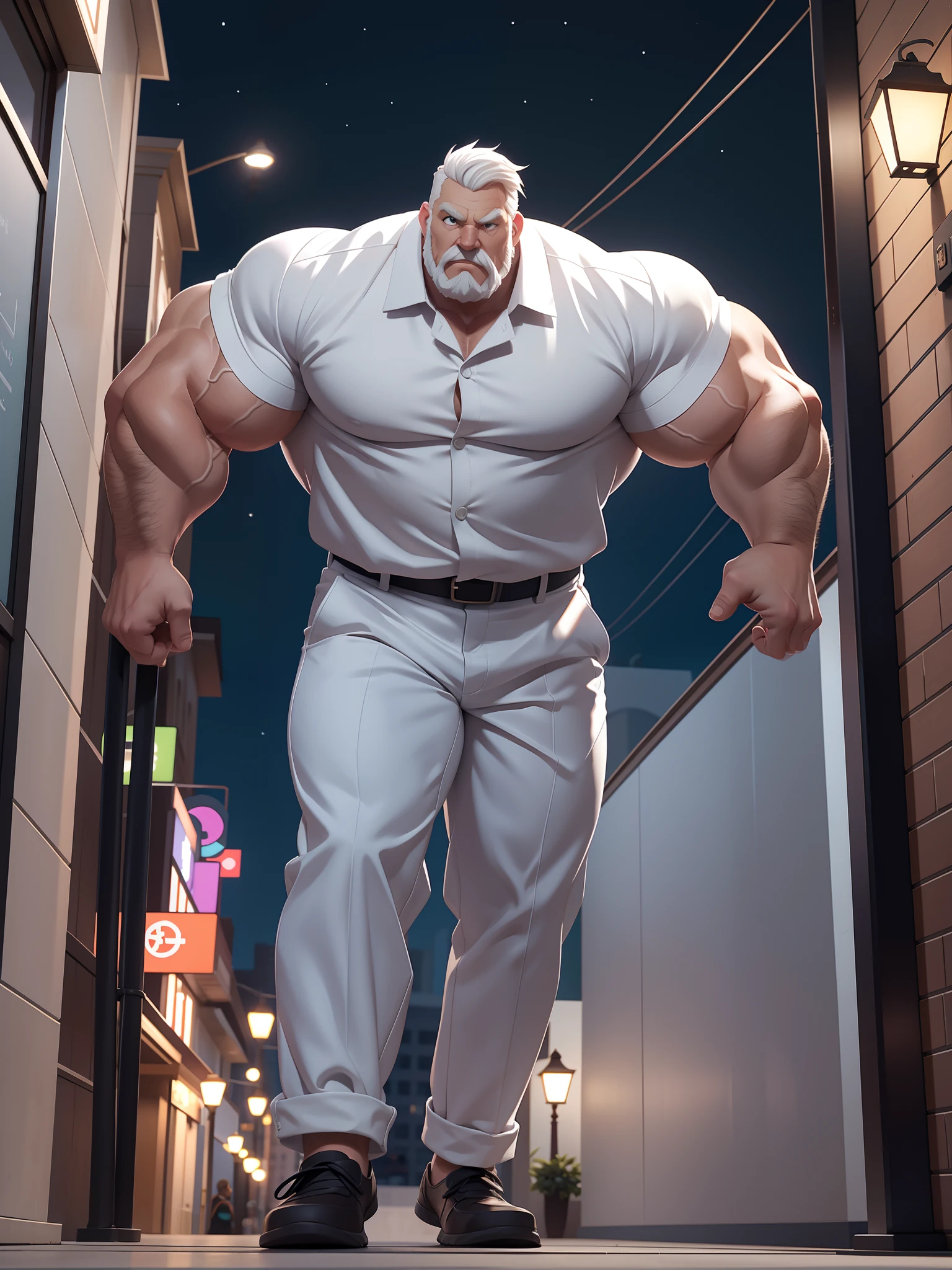 Solo, 1boy, old man with a huge body muscular build and (short white hair) is walking around in city. City, night city, He is wearing a white sleeved shirt and pants. The scene is highly realistic, with the highest quality and attention to detail, creating a masterpiece. comic, comic storyboard, comic-storyboard, manga, manga line art, manga panels, detailed manga