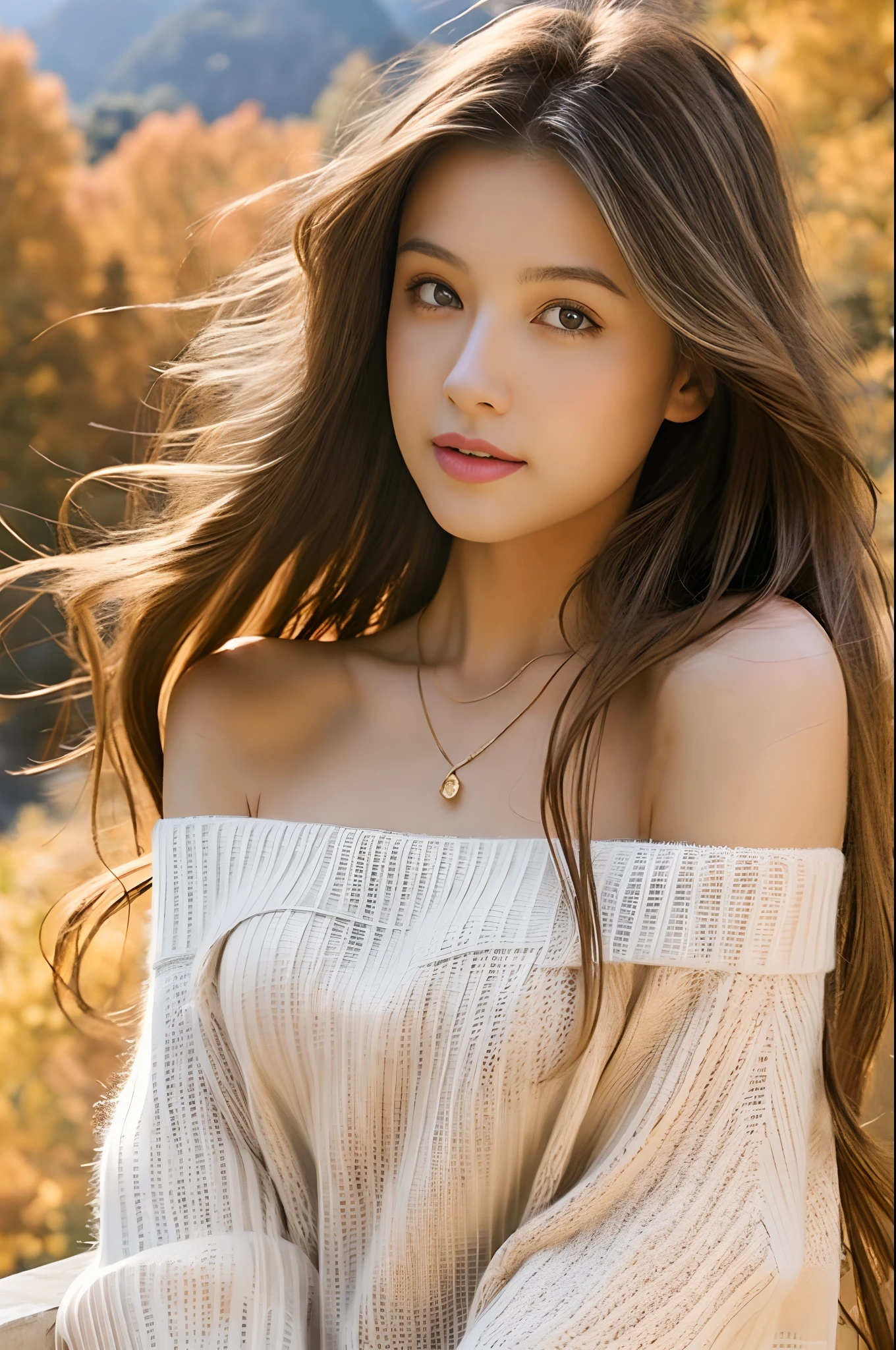 1girl in, age19, Solo, Long hair, small tit, Looking at Viewer, long messy windy light brown hair, Bare shoulders, Full body, a necklace, off shoulders, White sweater, Realistic, A sexy, Autumn Color, mountains on background々.