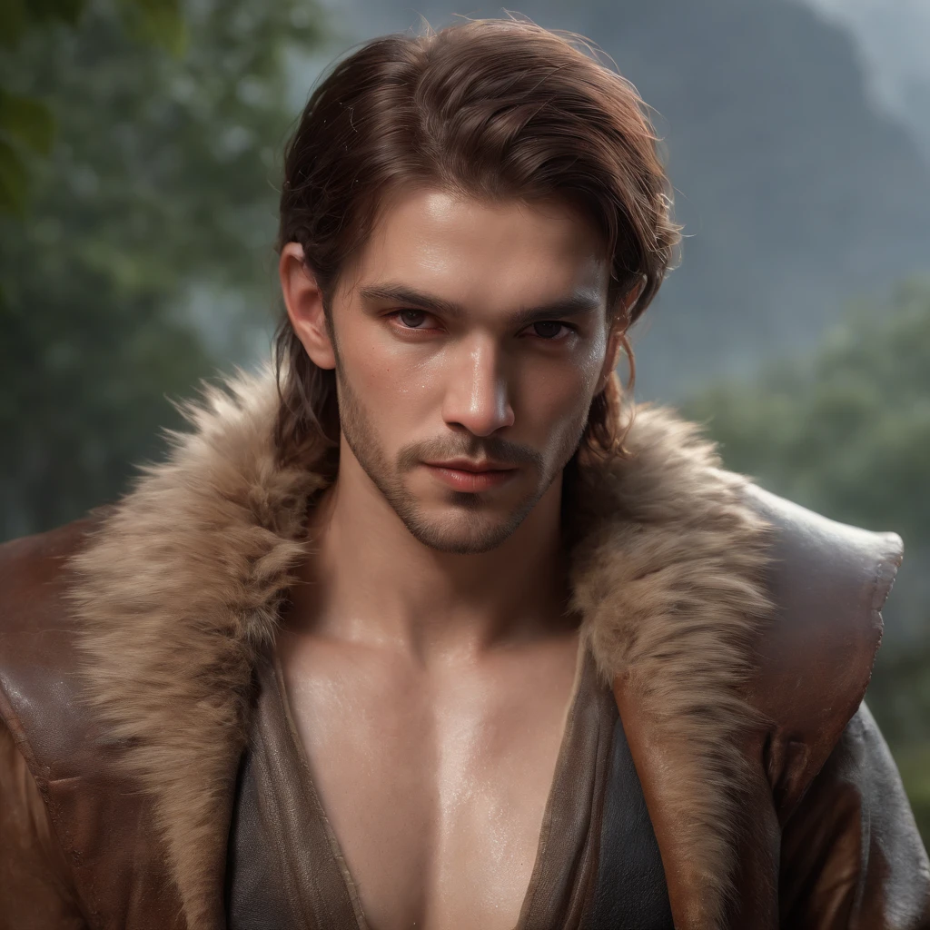 (professional 3d render:1.3) af (Realistic:1.3) most beautiful artwork photo in the world，Features soft and shiny male heroes, ((Epic hero fantasy muscle man rough wet hero angry looking long hair short beard and ferocious expression in dynamic pose, Fantastic location, Majestic cluttered environment)), Full body 8K unified rendering, action  shot, skin pore, very dark lighting, heavyshading, Detailed, Detailed face, (vibrant, photograph realistic, Realistic, Dramatic, Dark, Sharp focus, 8K), (Old leather garments damaged by weathering:1.4), ((((Wear fur)))), (Intricate:1.4), decadent, (Highly detailed:1.4), Digital painting, rendering by octane, art  stations, concept-art, smooth, Sharp focus, illustration, Art germ, (loish:0.23), wlop ilya kuvshinov, and greg rutkowski and alphonse mucha gracias, (Global illumination, Studio light, volumettic light), heavy rain, particles floating, lotr, fantasy, elf, full bodyesbian, ((Dark and ancient city background:1.3)),CGSesociety,art  stations