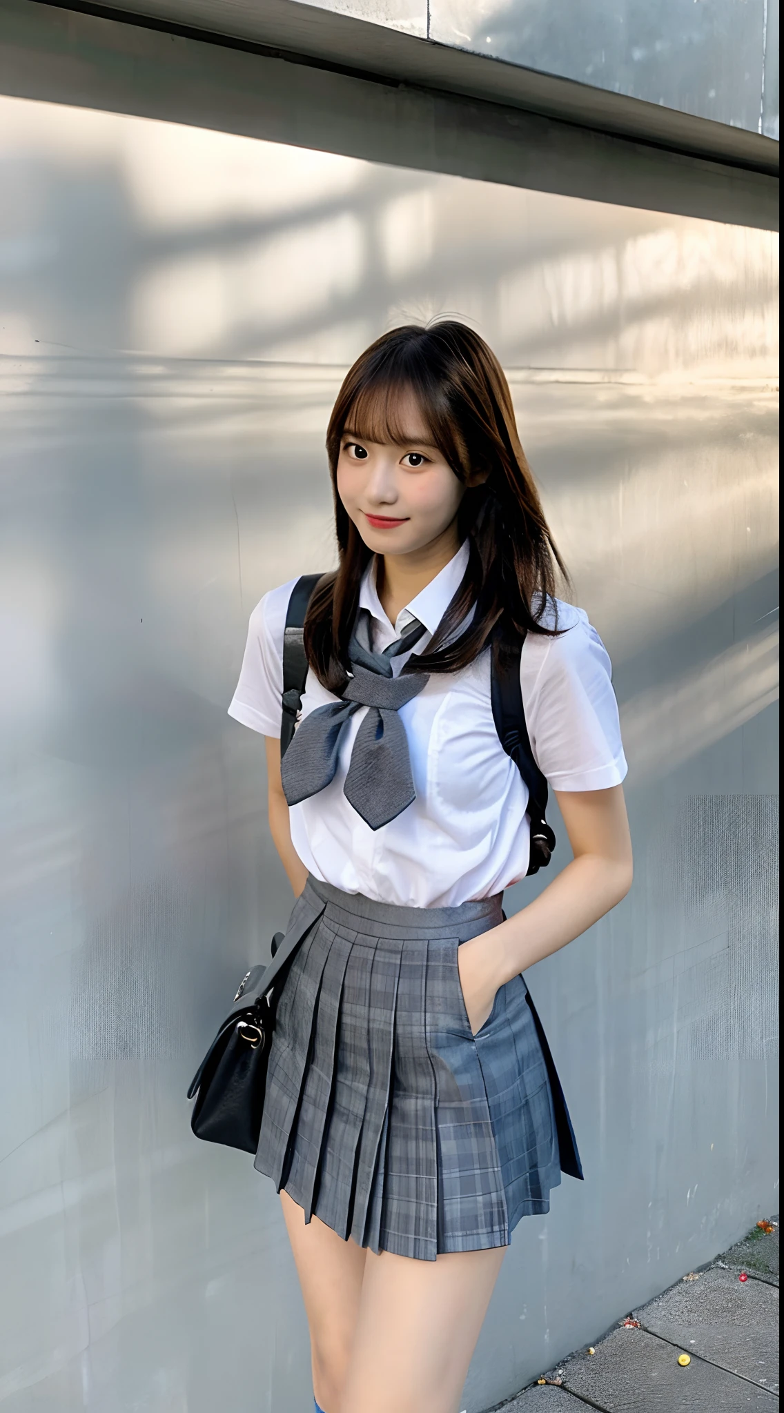 18-year-old schoolgirl in gray miniskirt