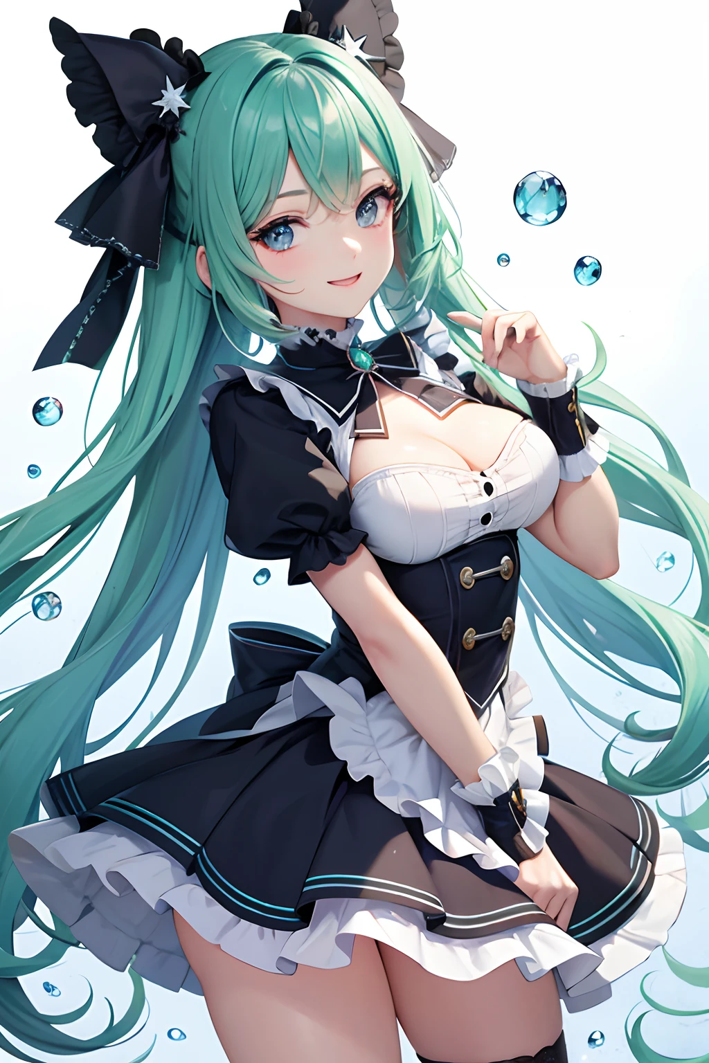 Upper body illustration ultra high resolution, Best aesthetic, Top quality depiction of the foot, Gothic ta、Blue eyes、Green hair、Green and blue hair on the back, Flat Avatar, Blue eyes、sparkly eyes、Anime visuals of cute girls, Cute art style, Chibi, Shorthair, Ahoge, is shy, A smile, Clover Hair Ornament,Chest out, absurderes, superfine illustration,hight resolution, ultra-detailliert,Light diffusion,highly detailed light reflection, Kaleidoscope, Harmonious, Best Shadow, highly detailed very beautiful big smile face, beautiful growing crystal diamond star pupil,look at viewr, beautiful detailed hair, Solo, Dynamic Pose, beautiful detailed pink and black ribon, beautiful detailed High school uniform, Fantastic and sparkling throughout、Raindrops background、water dripping