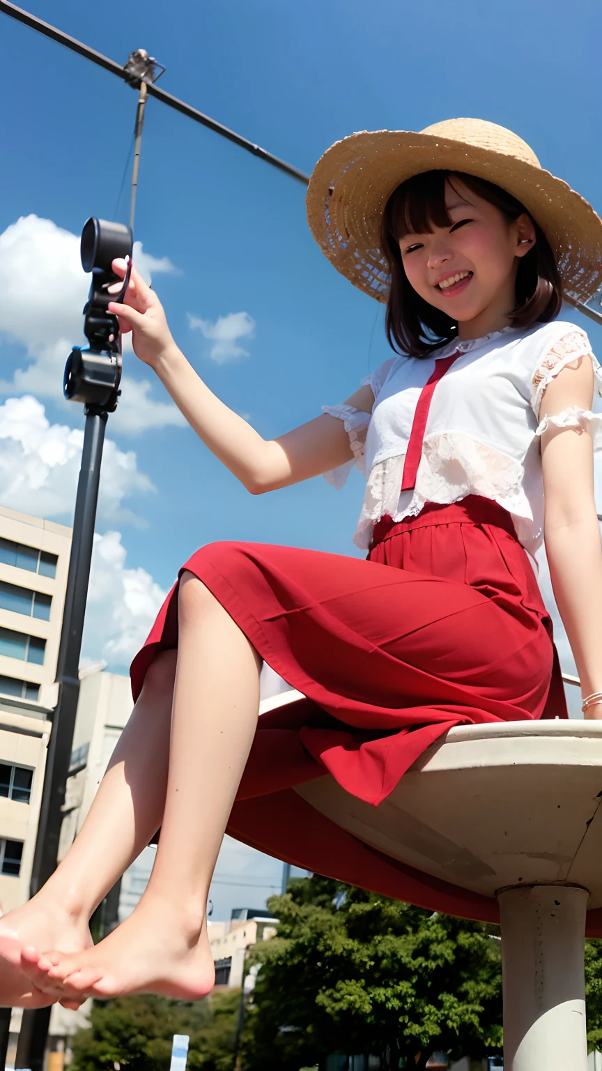Trapeze girl。She wears a red dress and a white hat.、She has short black hair.。Although she bravely turned over,,,,,,,,,,,,,、The smile is very cute。There were no socks or shoes on her feet、Barefoot on trapeze。She looked free and happy.、The envy of viewers。Blue sky and clouds on background、Skyscrapers and Ferris wheel can be seen in the distance。In contrast to the hustle and bustle of the city、She plays quietly in the air、The skirt flips up.