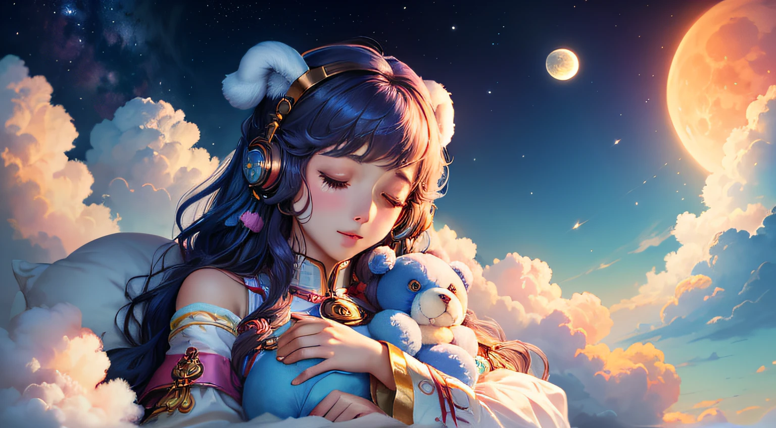 colorful、on clouds、kosmos、Big Moon、realistic、The girl is sleeping、She wears delicate headphones that blend into her hair, Only one stuffed animal、超A high resolution