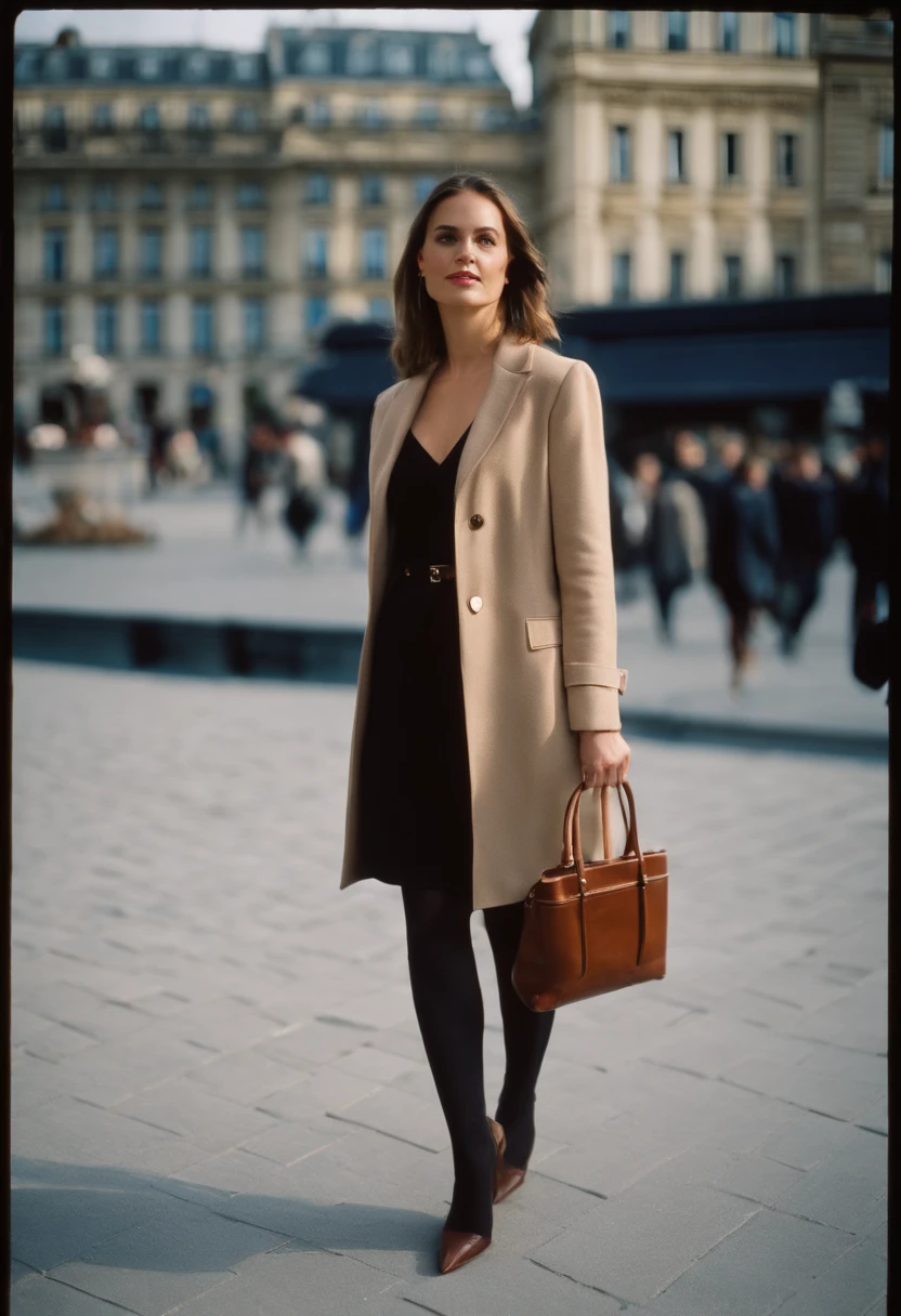 Full body shot of 30 years old beautiful polish woman, (1girl), one person, brown medium hair, unbuttoned jacket, medium breast, cleveage, short skirt, high heels, dynamic scene, walking in Paris, shopping, sunny day, proffesssional photo, cinematic lighting, Kodak Portra 800 film SMC Takumar 35mm f/ 2. 8 c 50, 2018