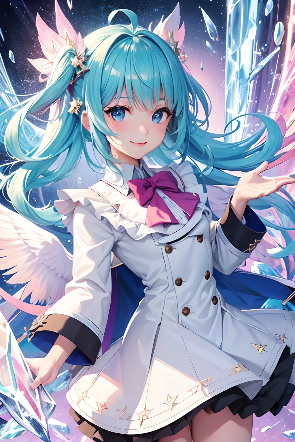 Upper body illustration ultra high resolution, Best aesthetic, Top quality depiction of the foot, Put on a jacket, Green and blue hair on the back, Flat Avatar, Blue Eyes、sparkly eyes、Anime visuals of cute girls, Cute art style, Chibi, Shorthair, Ahoge, is shy, A smile, hair adornments,Chest out, absurderes, superfine illustration,rainboweffect, hight resolution, ultra-detailliert,Light diffusion,highly detailed light reflection, Kaleidoscope, Harmonious, Best Shadow, highly detailed very beautiful big smile face, beautiful growing crystal diamond star pupil,look at viewr, beautiful detailed hair, Solo, Dynamic Pose, beautiful detailed pink and black ribon, beautiful detailed High school uniform, Fantastic and sparkling throughout、Raindrops background、water dripping