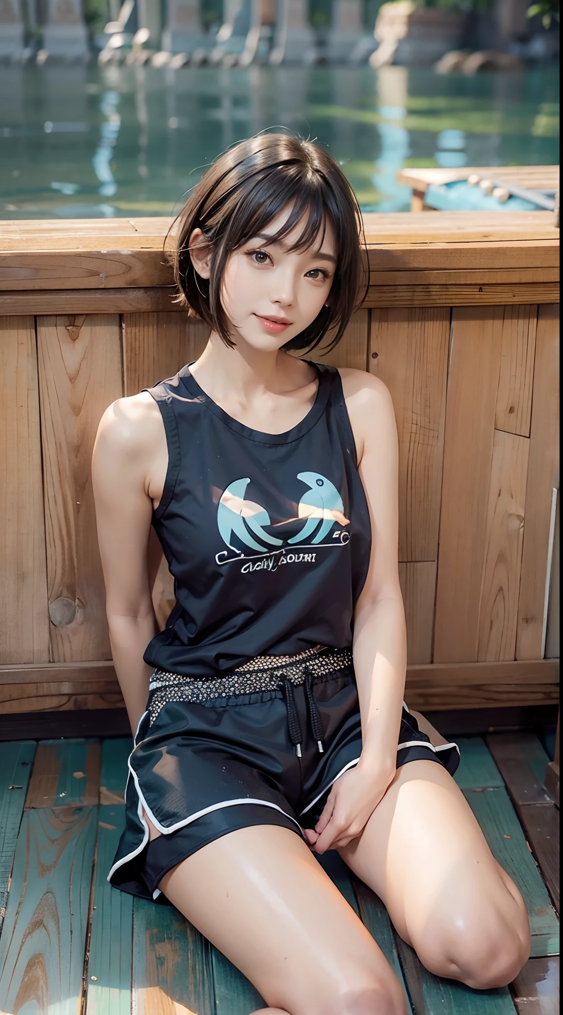 asian girl,,brown short hair,high-cut shorts,Pink tank top,tentacles