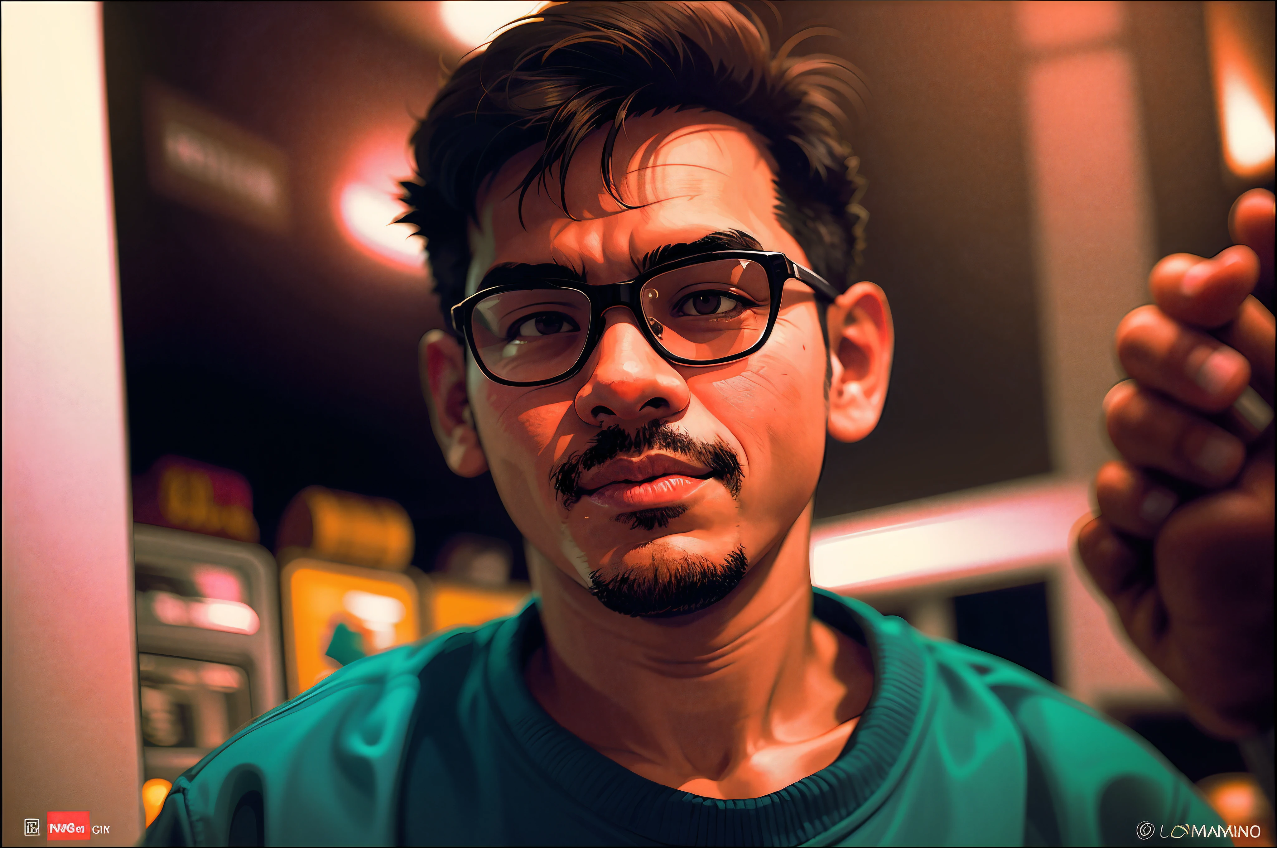 there is a man wearing glasses and a brown sweater, ramil sunga, lofi portrait, lofi, in style of kar wai wong, lo fi, 3 5 mm portrait, taken in the early 1990s, around 1 9 years old, lofi feel, lo - fi, lo-fi, nivanh chanthara