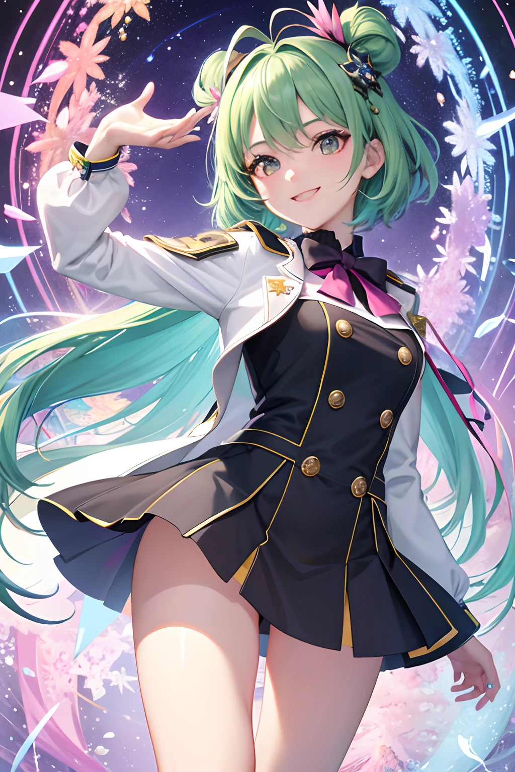 超A high resolution, Best aesthetic, Top quality depiction of the foot, Put on a jacket, Green and blue hair on the back, Flat Avatar, Anime visuals of cute girls, Cute art style, Chibi, Shorthair, Ahoge, is shy, A smile, hair adornments,Chest out, absurderes, superfine illustration,rainboweffect, hight resolution, ultra-detailliert,Light diffusion,highly detailed light reflection, Kaleidoscope, Harmonious, Best Shadow, highly detailed very beautiful big smile face, beautiful growing crystal diamond star pupil,look at viewr, beautiful detailed hair, Solo, Dynamic Pose, beautiful detailed pink and black ribon, beautiful detailed High school uniform, Fantastic and sparkling throughout、Will、Background in the city