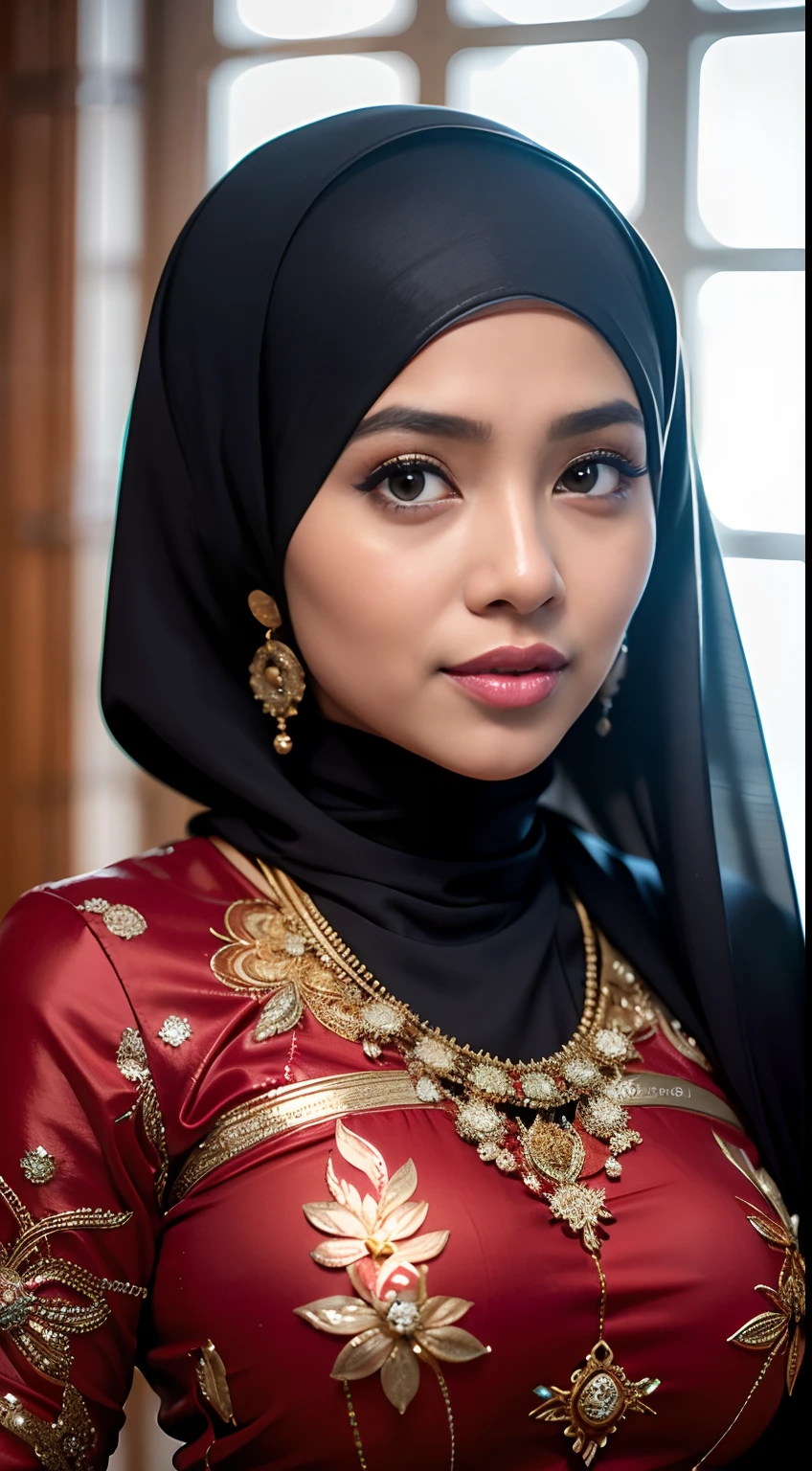 1 malay girl , modern plain hijab,  shy, medium portrait shot , watery  eyes , watery lips, big eyes, ((big breast )) , soft smile, full_body, woman malay in hijap, wearing java wedding woman in red long kebaya dress traditional, glossy lipstick, golden necklace, earrings, ornate,intricate decoration, detail, flowers, blurry background, soft focus