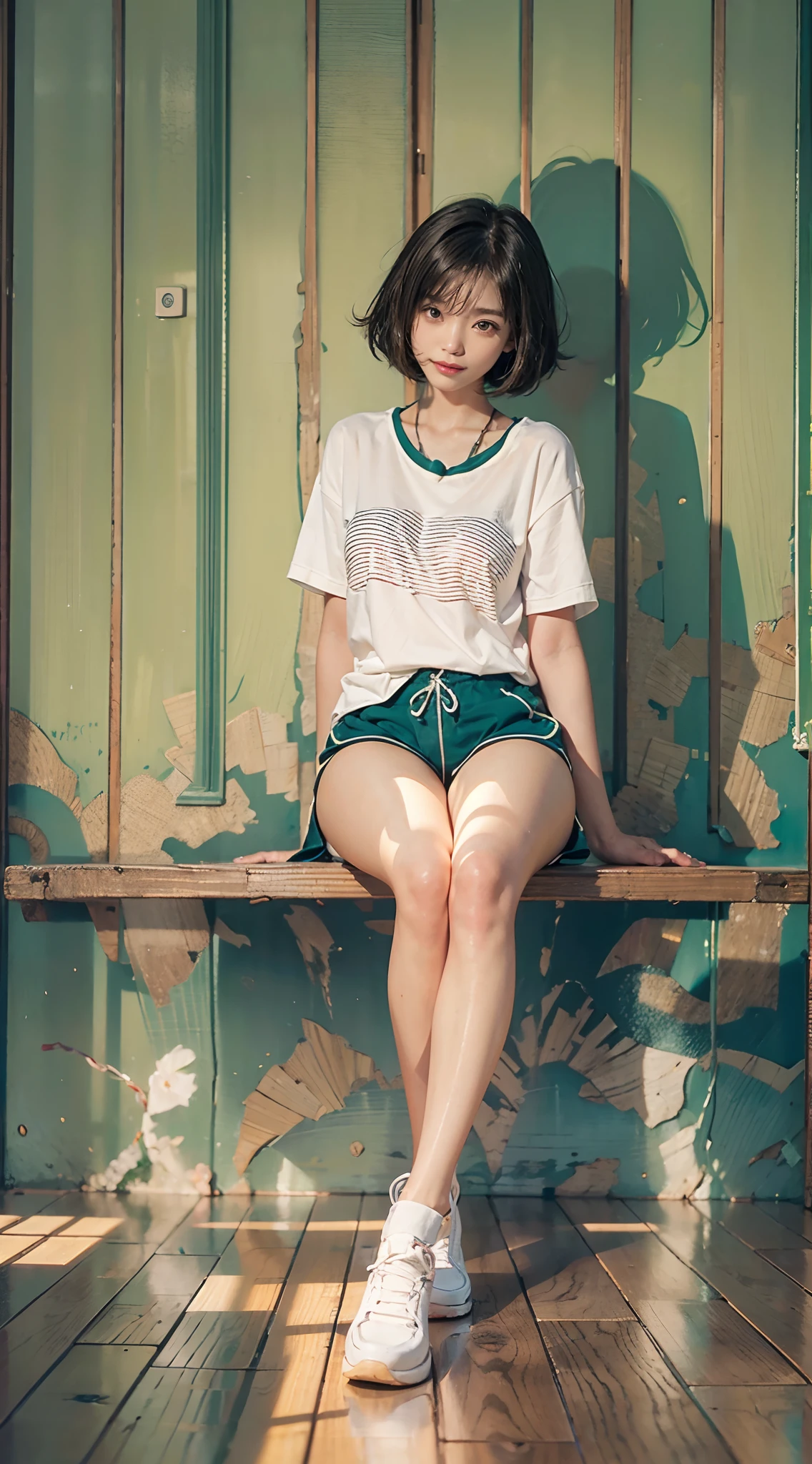 ((Dolphin Shorts)), sleeveless t shirt, wood floor, sitting down on the floor, Smiling smile, (The FW), 1womanl, 独奏, 24 year old, 7headed body, (Ideal ratio body proportions), (Composition from head to thigh), erectile nipple, Sexy body, Wet, short-hair, A dark-haired, small tits, A slender, Small buttocks, beauty legs, Skinny Legs, surrealism, Cinematic lighting, depth of fields, One-person viewpoint, F/1.8, 135 mm, nffsw, masutepiece, ccurate, ((Anatomically correct)), Textured skin, Super Detail, high details, High quality, awardwinning, Best Quality, hight resolution, 8K
