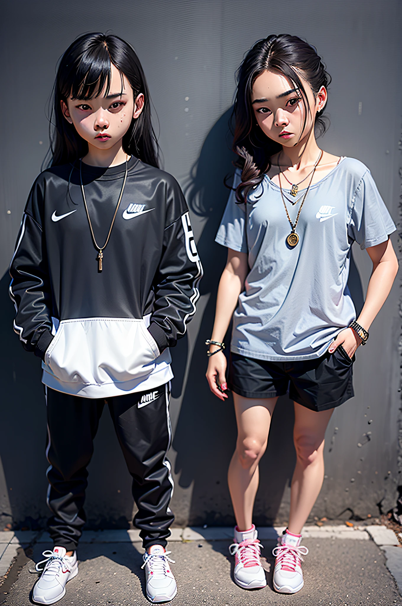 girl and boy, a couple love, 4k, very detail, realistic, necklace, many bracelet, nike shoes, full body, see viewer, 20 years old, scary face, grey theme, fancy
