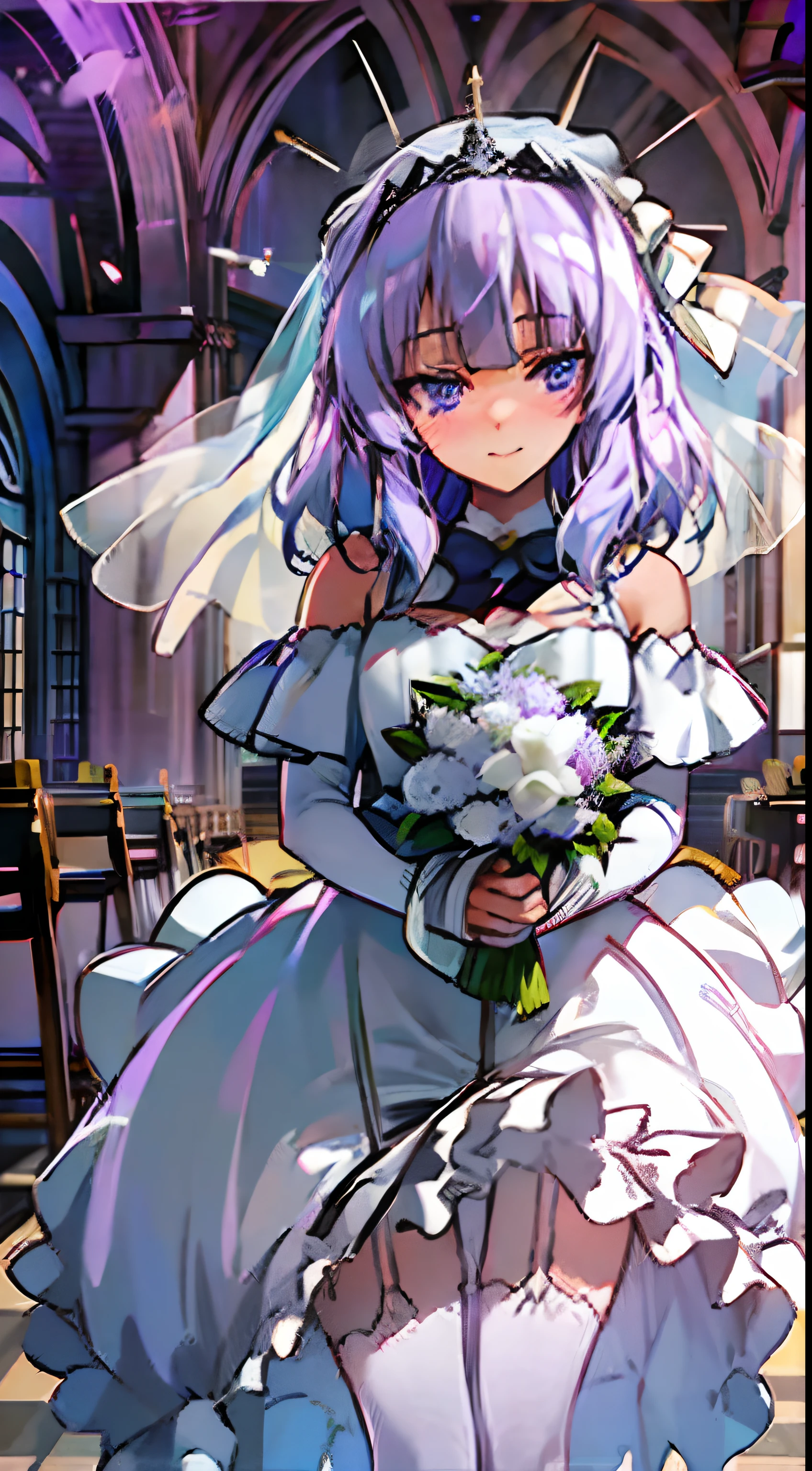 classroom of the elite, cote, arisu sakayanagi, wedding, in a wedding dress, focus on face, extreme close up, wedding dress, white wedding dress, lilac hair, violet eyes, holding bouquet of flowers, anime girl, anime style, in the style of classroom of the elite, light novel, shoulders up, wedding veil across face, in church, reception, at altar, no hat, flower crown.