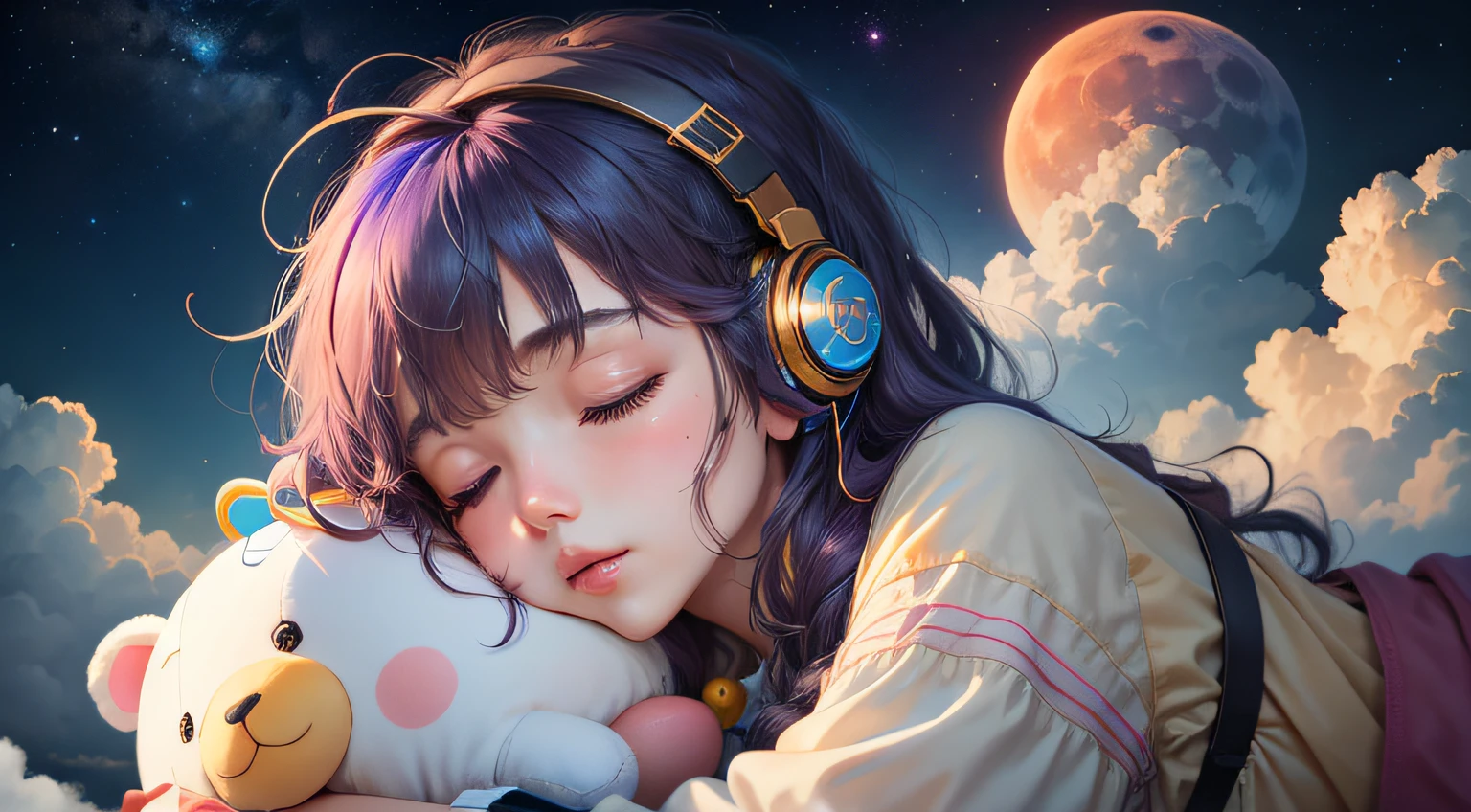 colorful、on clouds、kosmos、Big Moon、realistic、The girl is sleeping、She wears delicate headphones that blend into her hair, Only one stuffed animal、超A high resolution