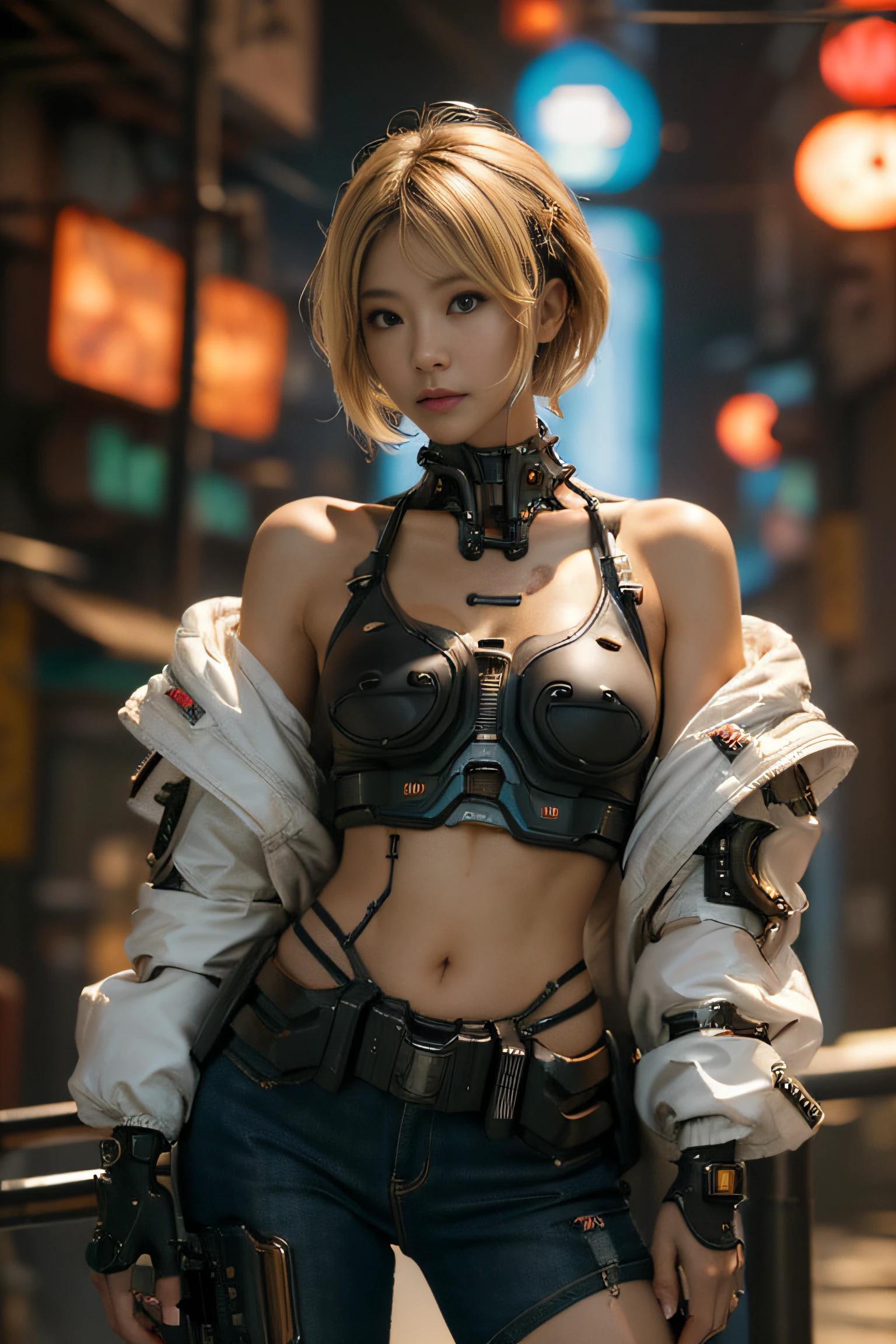 (masterpiece:1.2), ultra detailed, ultra high res, (realistic, photo realistic:1.37), high detail RAW color photo, professional photograph, an extremely delicate and beautiful, extremely detailed, finely detail, huge file size, extremely detailed beautiful girl, extremely detailed face, extremely detailed eyes, extremely detailed skin, extremely detailed nose, extremely detailed mouth, perfect anatomy, highly detailed background, shiny skin, (Japanese famous actress:1.5), (gyaru:1.25), flat chest, (brown race, dark skin, blond hair), (very short hair), cinematic lighting, (any Pose:1.6), cowboy shot, denim pants, (cyberpunk city:1.45), looking away, urban techwear, outfit,