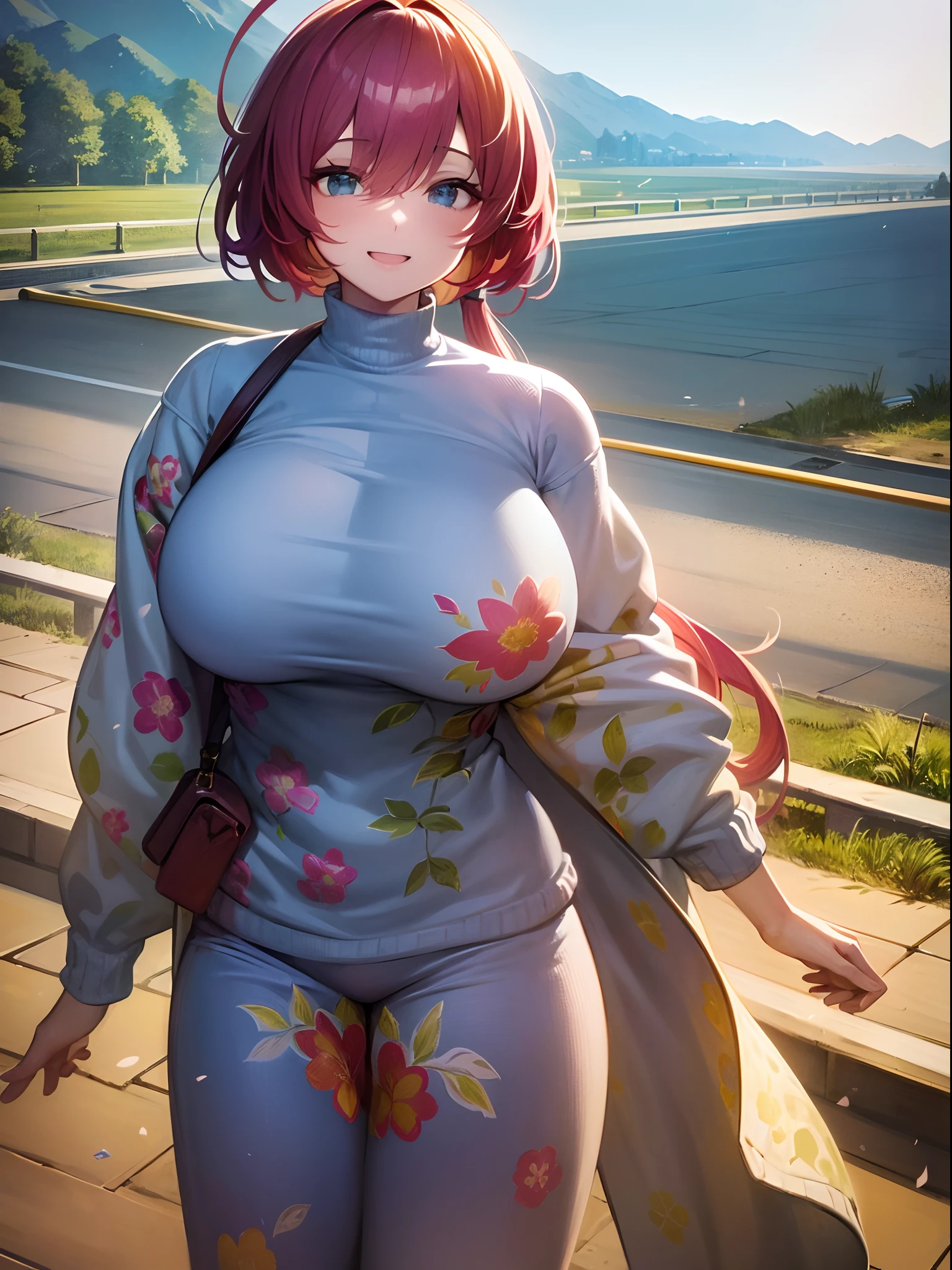 (A hyper-realistic), (Illustration), (High resolution), (8K), (Very detailed), (Best Illustration), (Best Quality), (ultra-detailliert), (masutepiece),fantastic landscape、Confetti、Adult woman smiling gently、colorful summer sweater、(huge-breasted)、disheveled clothing、Ahoge、fantastic road,