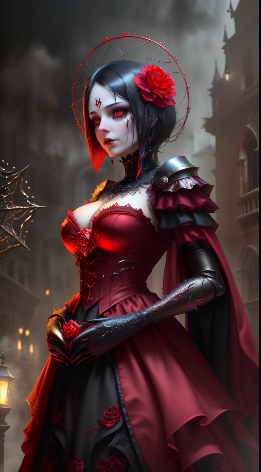 (emotion intuition tension darkness self-expression:1.3), (surreal, dystopian, horror:1.5), necromancer dressed in red and gold with a Venetian carnival Mask, (foggy background, epic realistic, hdr, intricate details, hyperdetailed, cinematic, rim light), (((masterpiece action pose))), (extremely detailed CG octane render 8k wallpaper), trending of Artstation, curvy
