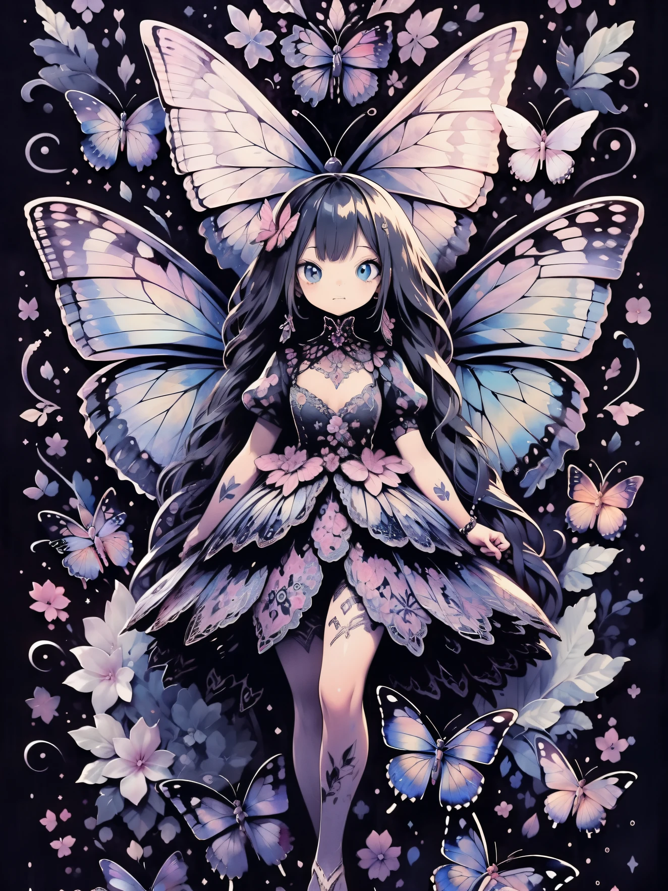 （Colorful butterflies with gorgeous ornaments and flowers on black background）,  harmony of butterfly, Butterfly, intricate digital painting, mechanical butterfly, highly intricate and colorful, dark but detailed digital art, Highly detailed symmetry, detailed digital artwork, Symmetrical intricate details, plethora of colors，colorful intricate masterpiece，
 （Sticker style：1.5）,Geometric pattern background，frontage、Sticker style