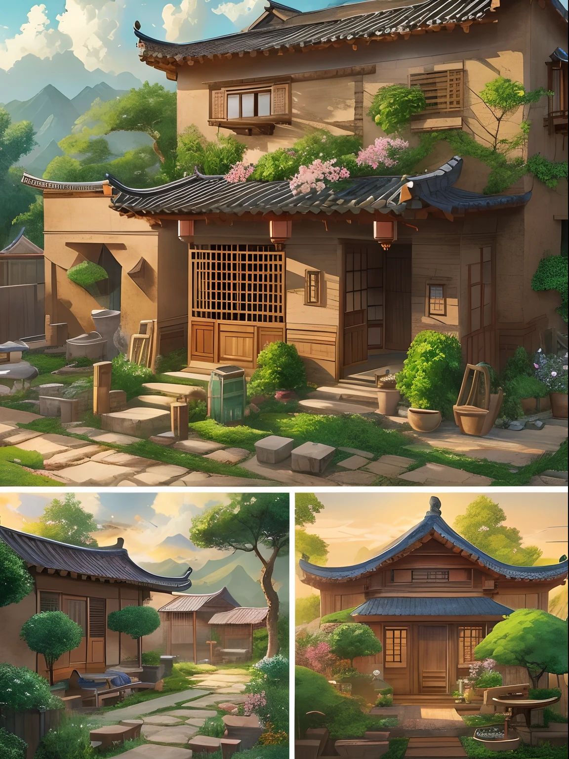 In the 80s of the 19th century, Rural China，Adobe brick house，One-story low house，There is a painting of a house with a patio and a table, Detailed scenery —width 672, immensely detailed scene, Multidimensional cozy little yard, highly detailed scenario, high detal), hyper detailed scene, high detal, realistic 3 d style，cozy place, peaceful scene，Works of masters，Anime background art，ghibli studio art