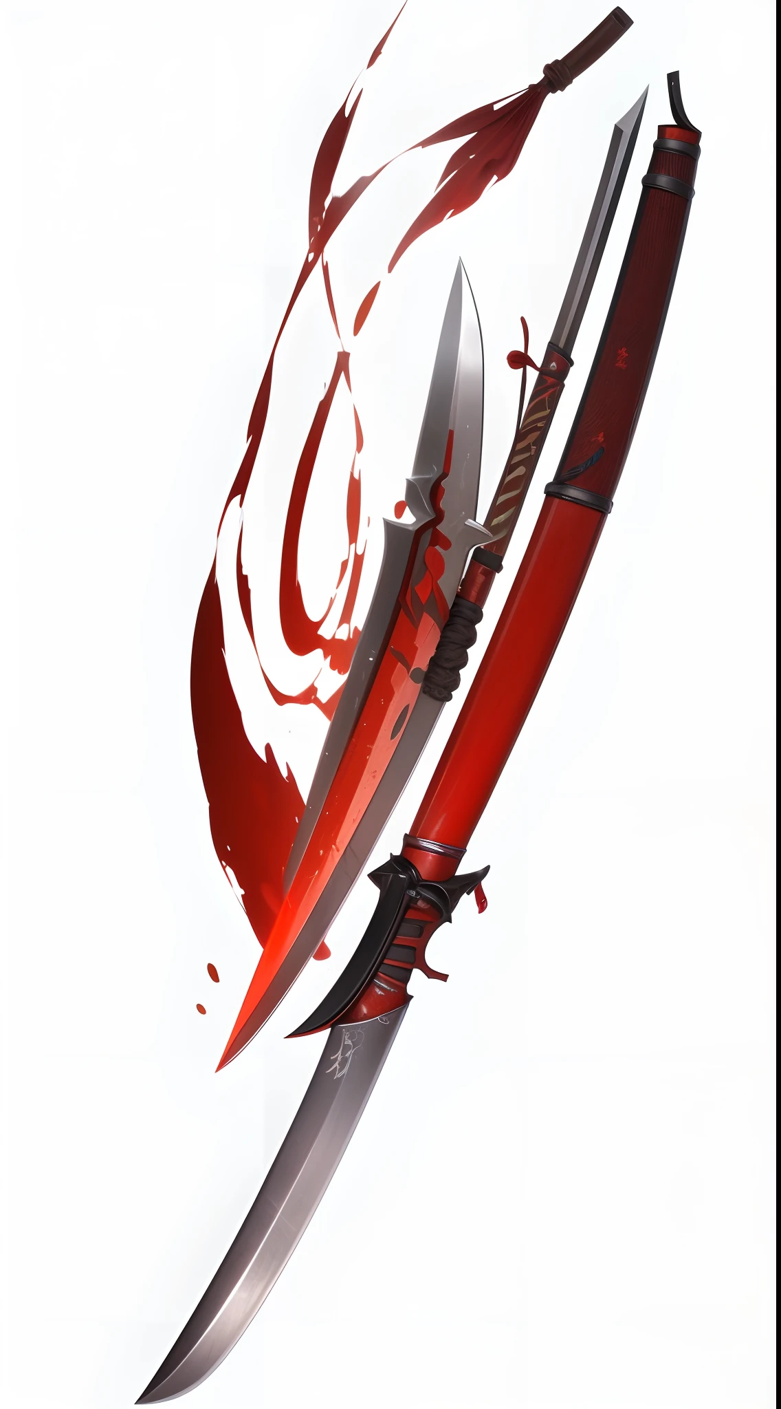 Japanese gun, Huge blade, Large silver blade at the tip., The rod in the holding part is long and reddish in color.