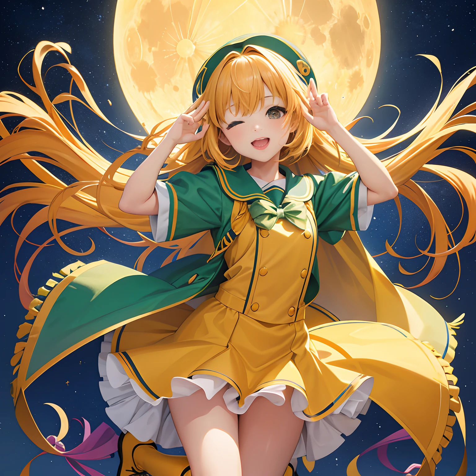 (masterpiece、top-quality、top-quality、Official art、Beautifully Aesthetic:1.2)、Mini、(1girl in)、ighly detailed、(Fractal Art:1.3)、colourfull、Maximize full-body detail,Yellow school uniform, 校服, frilld, length hair, Floating hair, one eye closed, open open mouth, A smile, long boots, Midori Boots, skirt by the, Yellow mesh, is standing, Standing on one leg, gloves, yellow gloves, stage, Raise your legs, Floating hair, with arms up, Look at viewers, bangss, , blured background, a moon