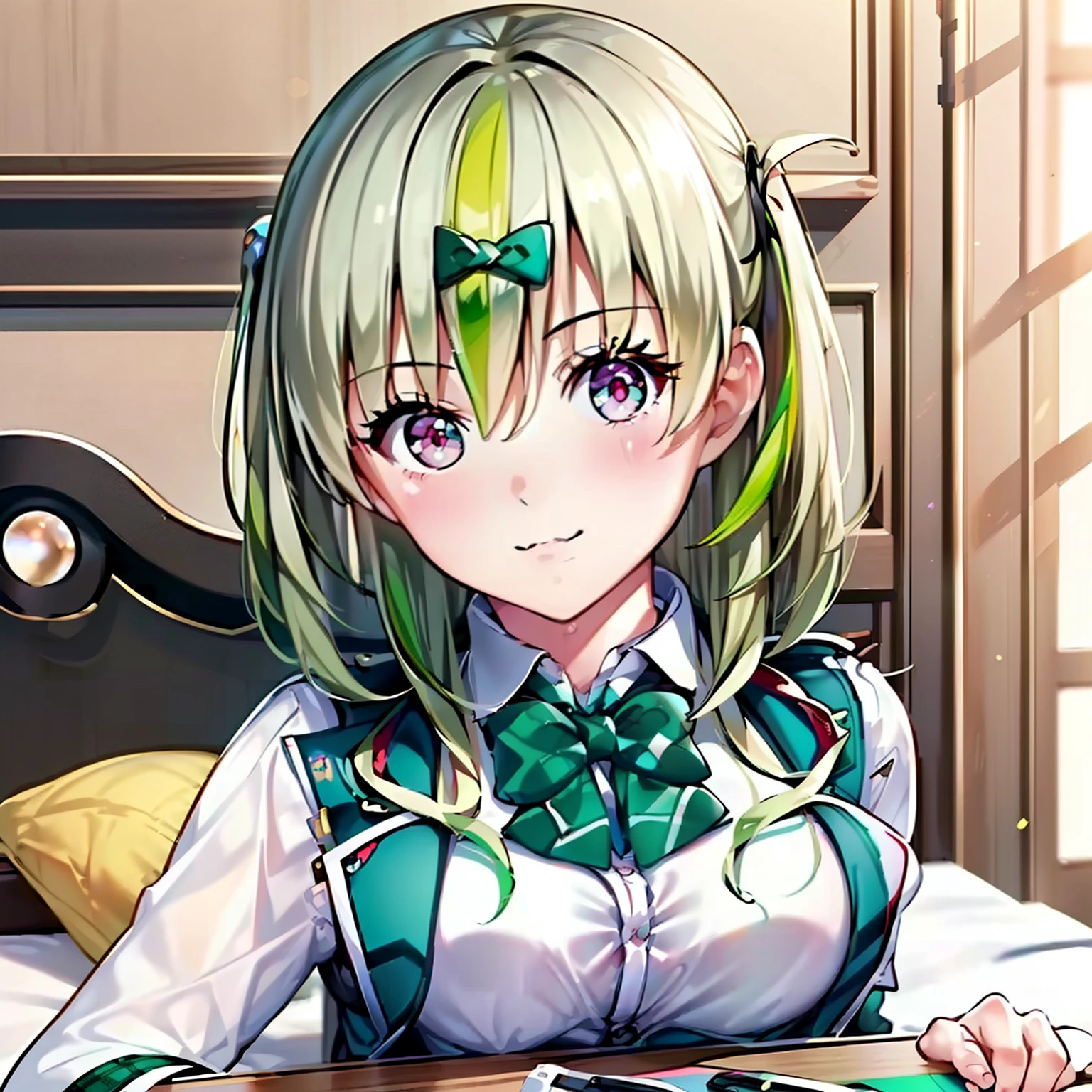 ((masutepiece, Best Quality, hight resolution, nffsw, Perfect Pixel, depth of fields, 4K, nffsw, nffsw))), 1girl in, Single, Solo, Beautiful anime girl, Beautiful Art Style, Anime Character, ((Long hair, Bangs, Green head hair, Curly hair:0.8)), ((Green eyes:1.4, rounded eyes, Beautiful eyelashes, Realistic eyes)), ((Detailed face, Blushing:1.2)), ((Smooth texture:0.75, Realistic texture:0.65, Photorealistic:1.1, Anime CG style)), medium breasts, Dynamic Angle, Perfect body, ((POV, Sleeping Pose, Supine Pose, lyin in bed, The look of sighs)), ((red bowtie, School uniform, White shirt, Brown cardigan, Long sleeve, Black skirt, plaid skirts)), Smile, Indoor, Bedroom, Natural light, Sunshine