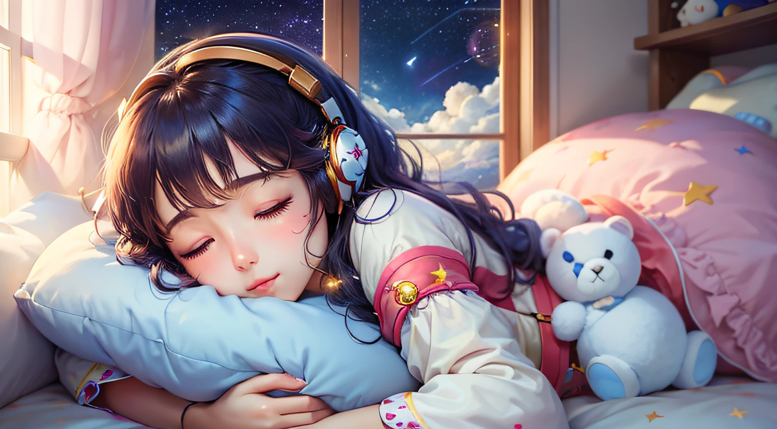 colorful、on clouds、kosmos、Big Moon in window、shining stars, realistic、The girl is sleeping、She wears delicate headphones that blend into her hair, Only one stuffed animal、closed eyes, hugging pillow、超A high resolution