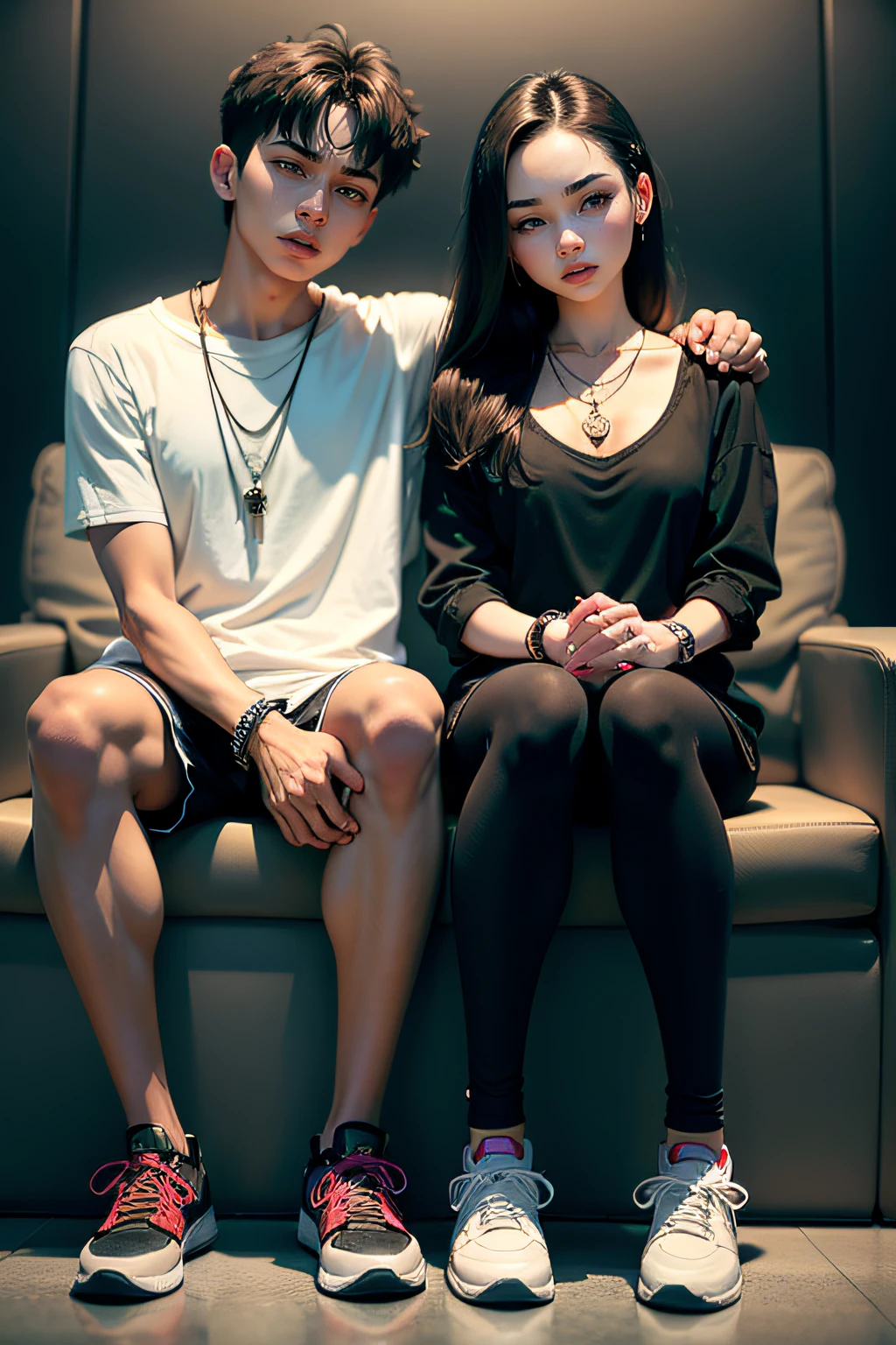 Girl and boy, couple love, 4k, very detail, realistic, necklace, many bracelet, nike shoes, full body pose, 25 years old, scary face, grey theme, fancy