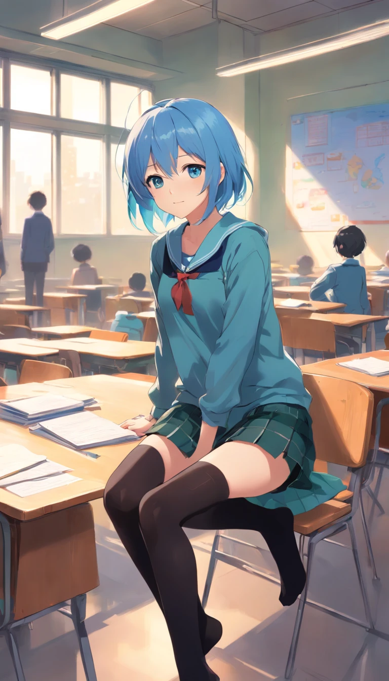best qualtiy, tmasterpiece, 超高分辨率, realisticlying, 1 girl, Long light blue hair,Heterochromic pupils,Long legs, Student Clothing,Lori sits,Jumpy,Black stockings,Classroom,wide angles