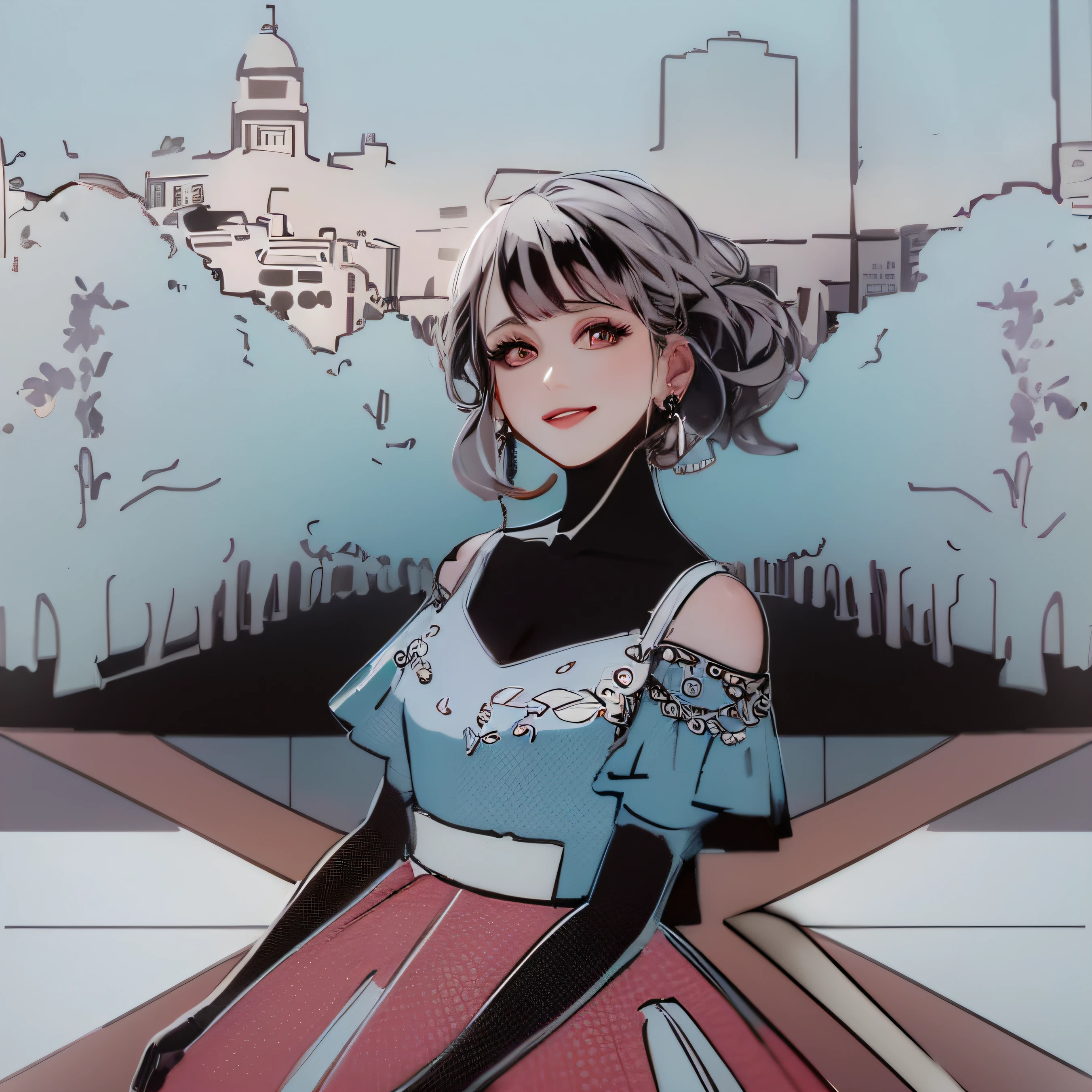 a drawing of a woman in a dress across a street, digital art