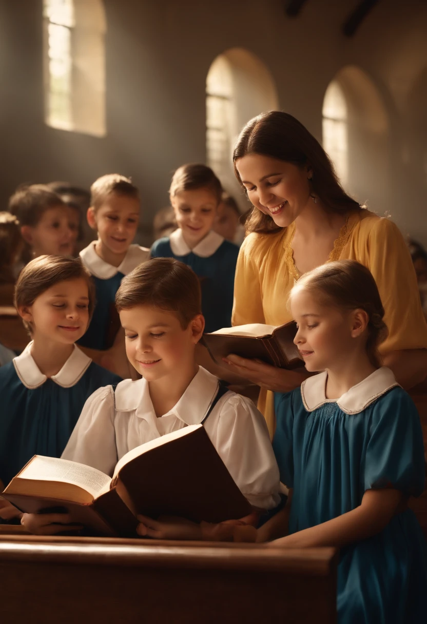 Create an image in honor of teachers' day where the teacher is standing next to their students, they're reading the Bible and they smile at being with God.