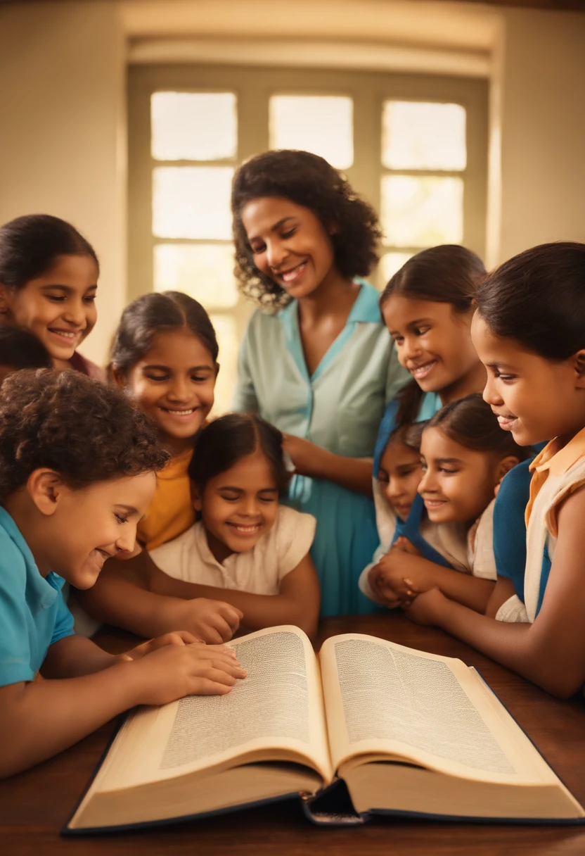 Create an image in honor of teachers' day where the teacher is standing next to their students, they're reading the Bible and they smile at being with God.