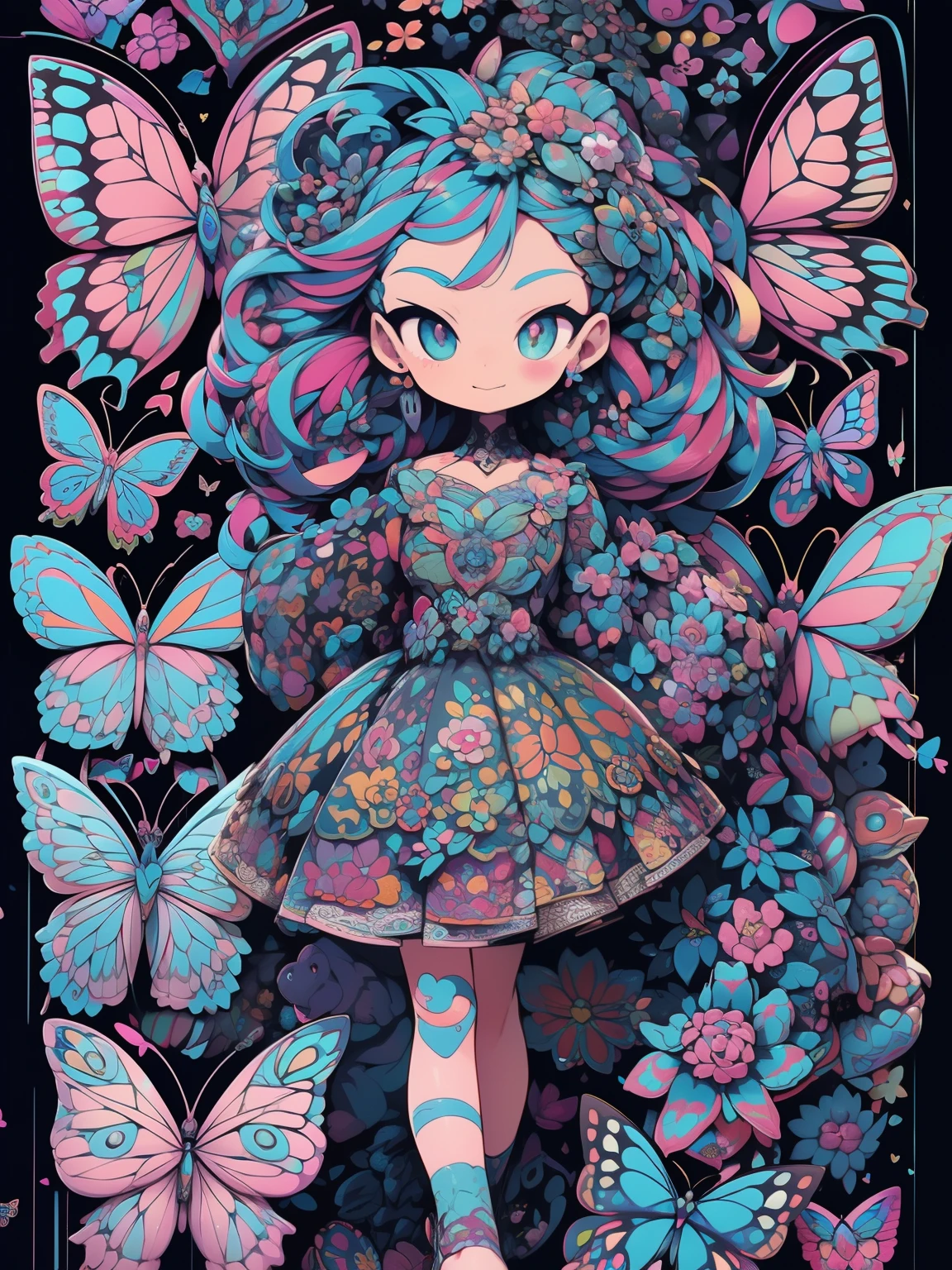(Colorful butterflies with gorgeous ornaments and flowers on black background), harmony of butterfly, Butterfly, intricate digital painting, mechanical butterfly, highly intricate and colorful, dark but detailed digital art, Highly detailed symmetry, detailed digital artwork, Symmetrical intricate details, plethora of colors,colorful intricate masterpiece,
(Sticker style:1.5),Geometric pattern background,frontage、Sticker style