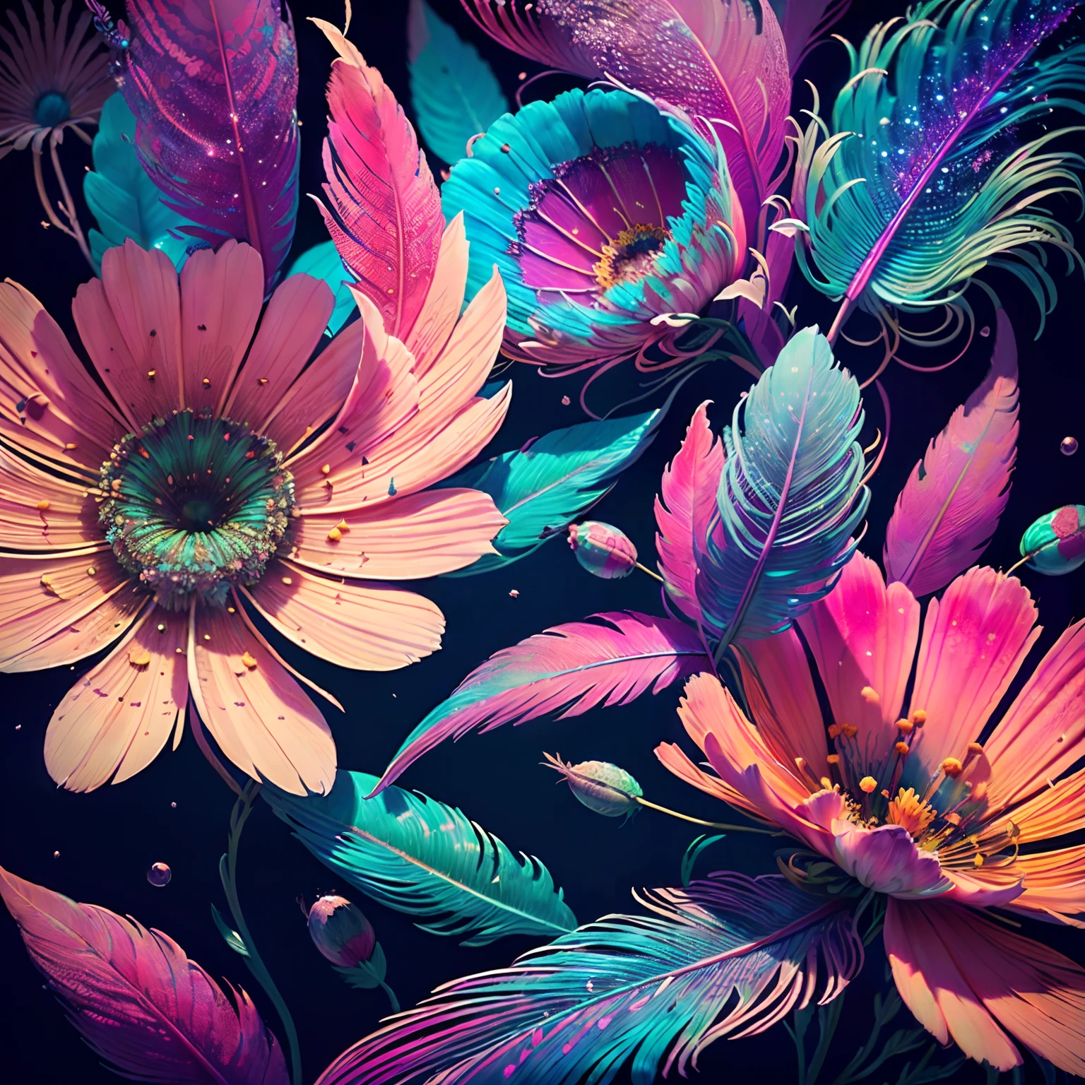Riff Style 2 (top-quality, Best Quality, Official art, Plants and bird feathers, Beautiful and aesthetic flowers:1.2), (cosmos:1.3), Extremely detailed,(Fractal Art:1.1),(Colorful:1.1)(Flowers:1.3),highest details,(Zentangle:1.2), (Dynamic Pose), (Colorful abstract background:1.3), (Glossy flowers), (Many colors:1.4), Colorful Accessories, (Feathers:1.5)