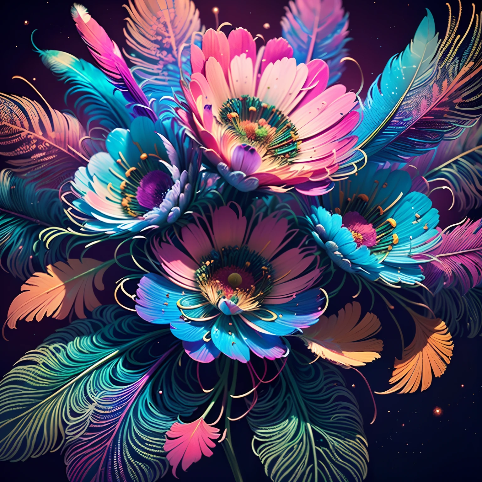 Riff Style 2 (top-quality, Best Quality, Official art, Plants and bird feathers, Beautiful and aesthetic flowers:1.2), (cosmos:1.3), Extremely detailed,(Fractal Art:1.1),(Colorful:1.1)(Flowers:1.3),highest details,(Zentangle:1.2), (Dynamic Pose), (Colorful abstract background:1.3), (Glossy flowers), (Many colors:1.4), Colorful Accessories, (Feathers:1.5)