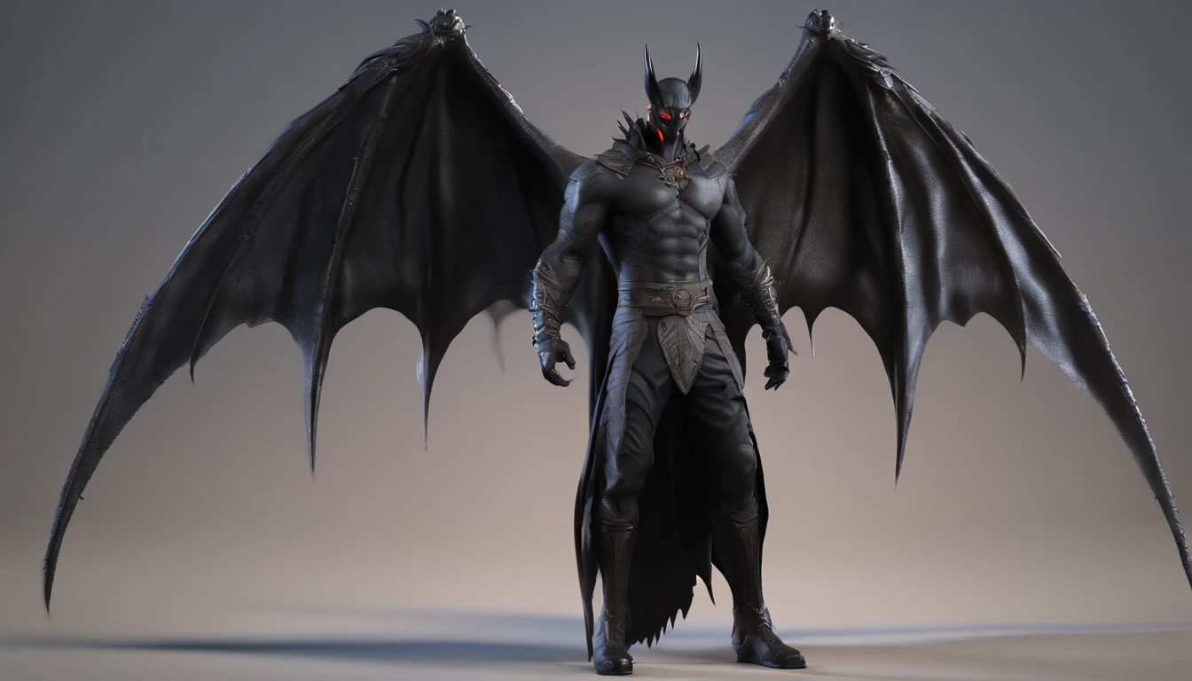 a handsome half demon man with short black hair, dark eyes and huge bat wings, dark tattoos on his body. mysterious, dnd charact