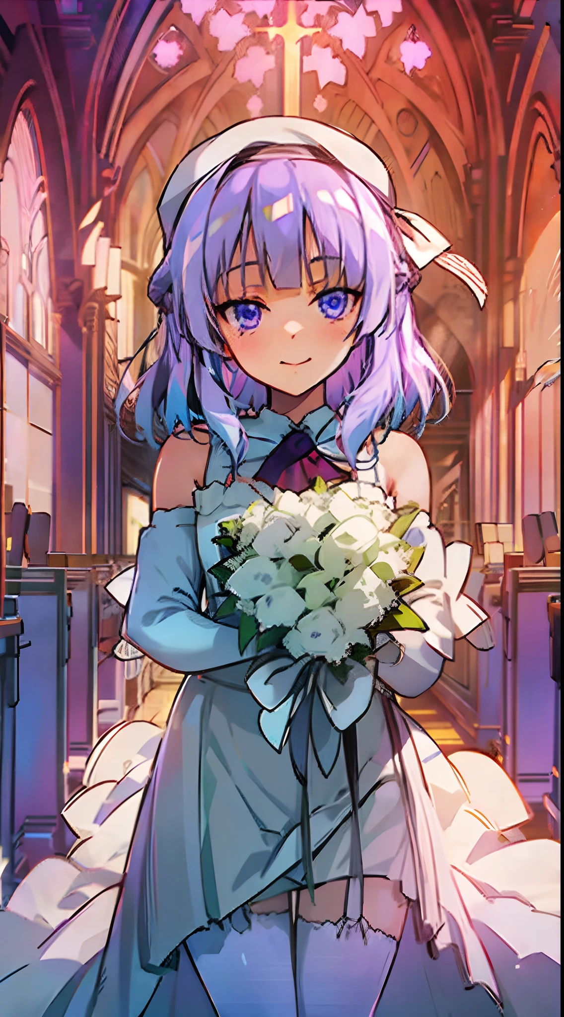 classroom of the elite, cote, arisu sakayanagi, wedding, in a wedding dress, focus on face, extreme close up, wedding dress, white wedding dress, lilac hair, violet eyes, holding bouquet of flowers, anime girl, anime style, in the style of classroom of the elite, light novel, shoulders up, in church, reception, at altar, no hat, looking at us, beautiful eyes, cute girl.