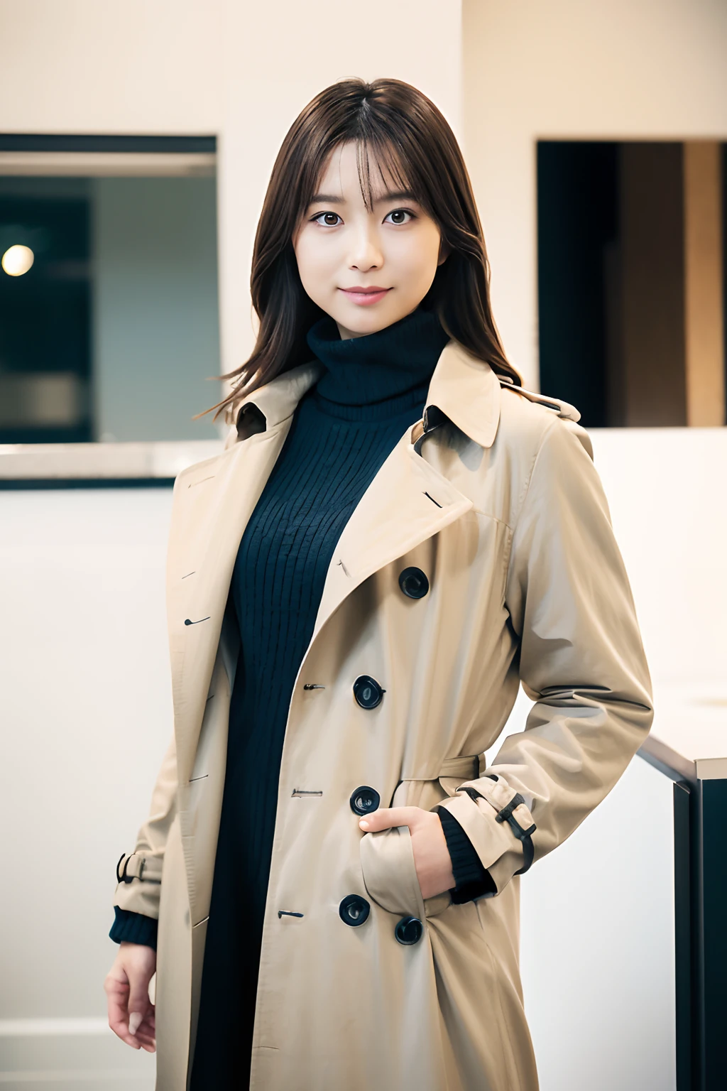 (realisitic、Photorealsitic:1.37)、(masterpiece、top-quality:1.2)、(超A high resolution:1.2)、(Raw photography:1.2)、(foco nítido:1.3)、(Face Focus:1.2)、(Ultra detailed CG unified 8k wallpaper:1.2)、(Beautiful skin:1.2)、(pale-skinned:1.3)、(hyper-sharp focus:1.5)、(Ultra Sharp Focus:1.5)、(Beautiful clean face:1.3)、(Ultra detailed backgrounds、detailedbackground:1.3), bokeh dof、depth of fields、BREAK、 Very cute and beautiful Japan women pictures、(22year old)、((Tall girl:1.4)),Portrait of a girl with a bright smile、((Full body shot:1.2))、Curvy body type:1.4、thicc thighs:1.4、gargantuan butt、long legged、curvy body、huge-breasted:1:4、Rich hilly terrain:1.4,Show thighs:1.6、((Walk in a light brown trench coat and knee-high boots, Black Turtleneck Knit Bodycon Dress:1.3, Fall Winter 2023-2024))