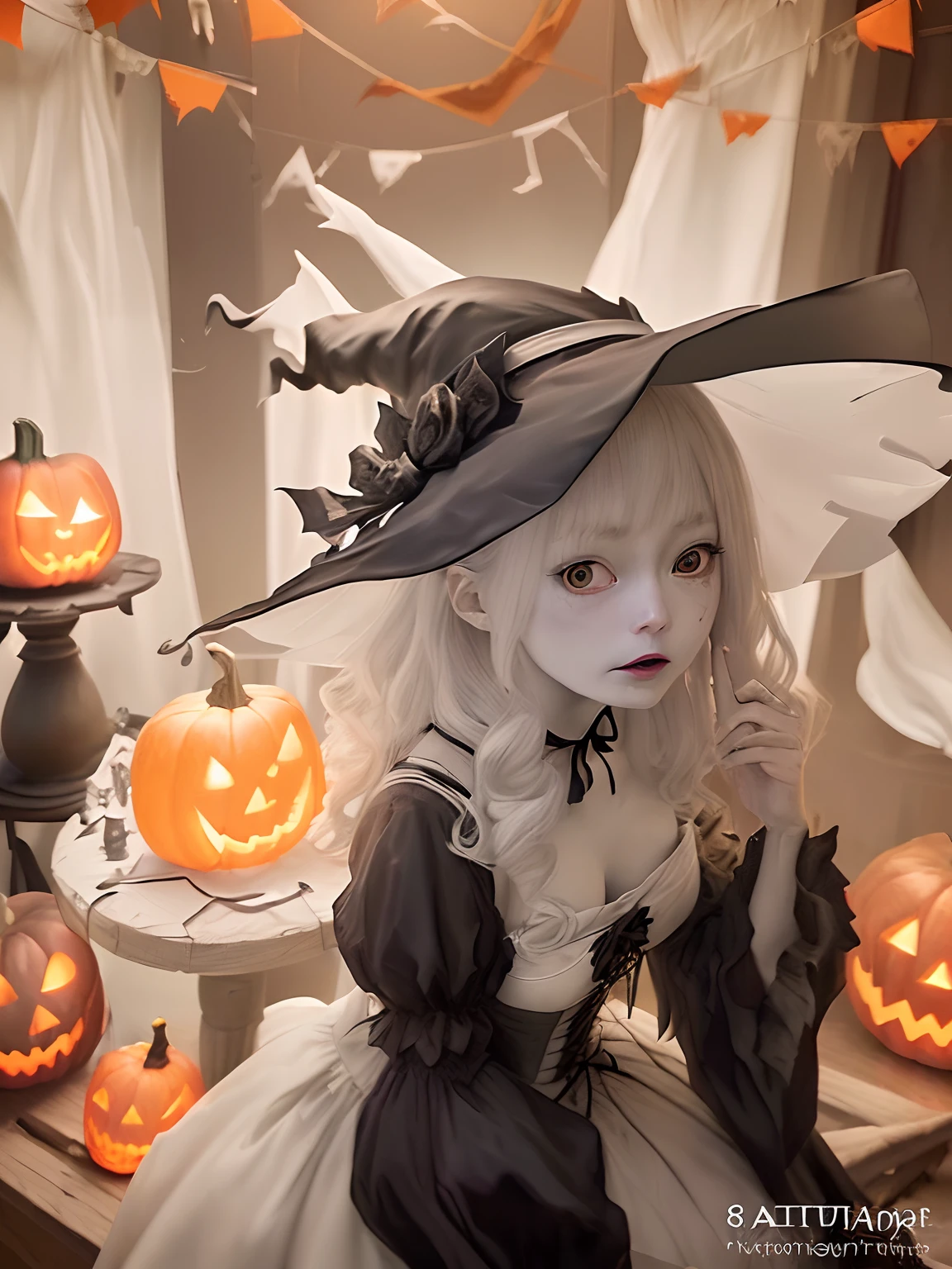 masutepiece、Halloween、Bewitching witch、Pointy hat、white wedding dress、With pumpkin lamp、(in 8K、Raw photography、top-quality、masterpiece:1.2)、(realisitic、photoRealstic:1.37)