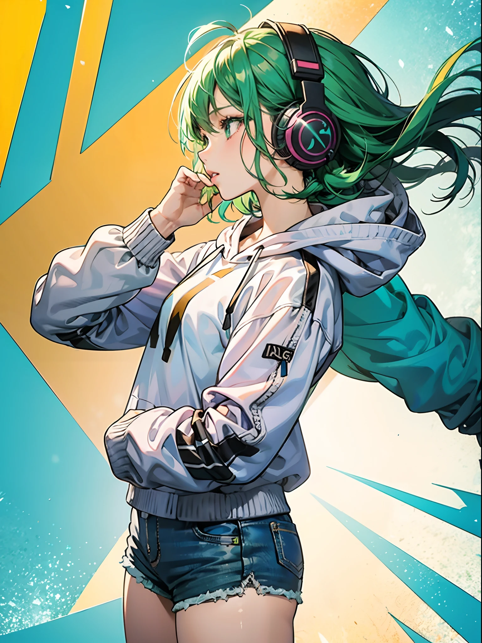 Anime photo of woman in white hoodie and blue shorts, very modern anime style, anime style character, green colored hair,head phone