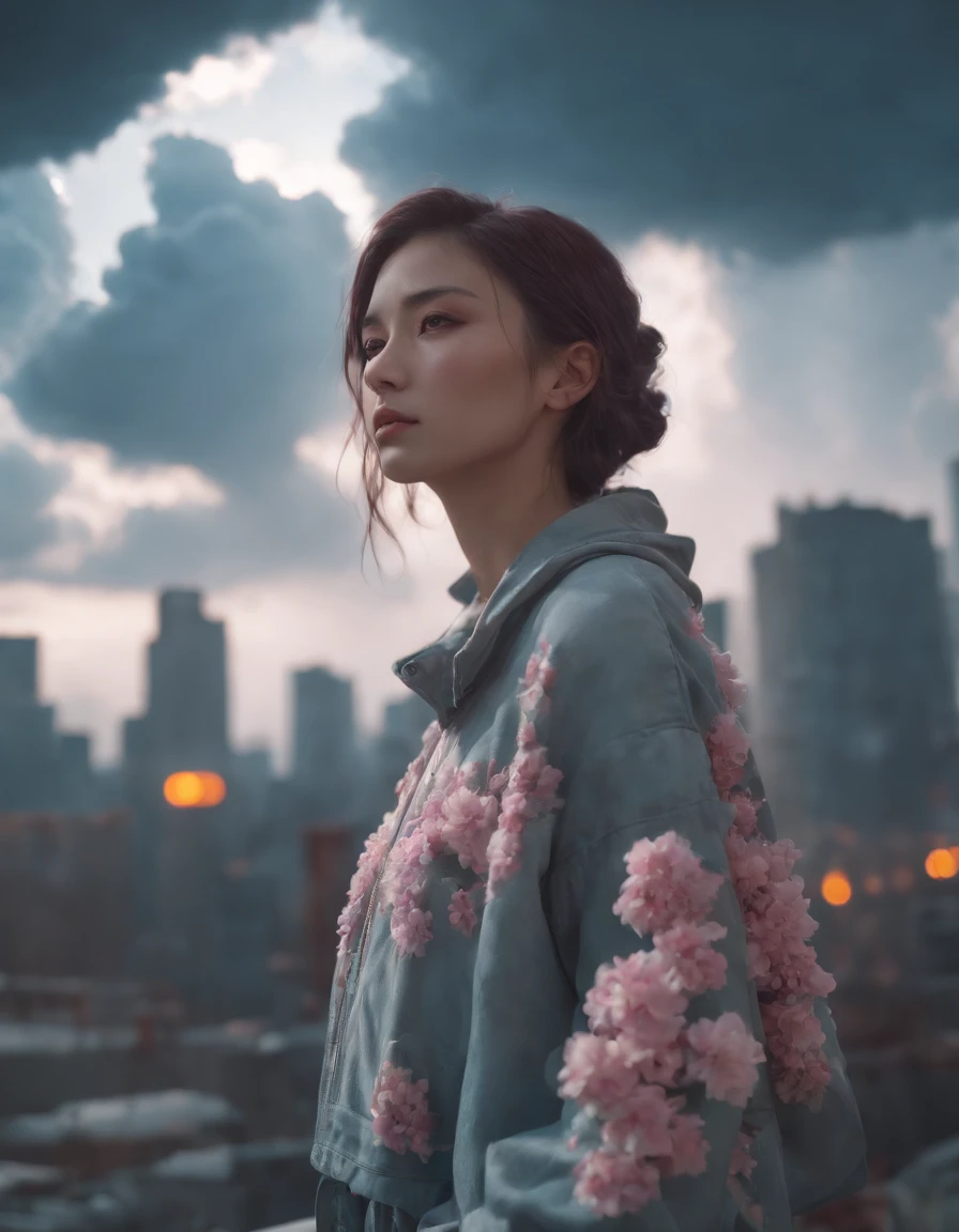 90s anime, cyberpunk style, of a person in urban floral wear, with a cloud as a head, photorealistic, volumetric lighting, 8k, highly detailed