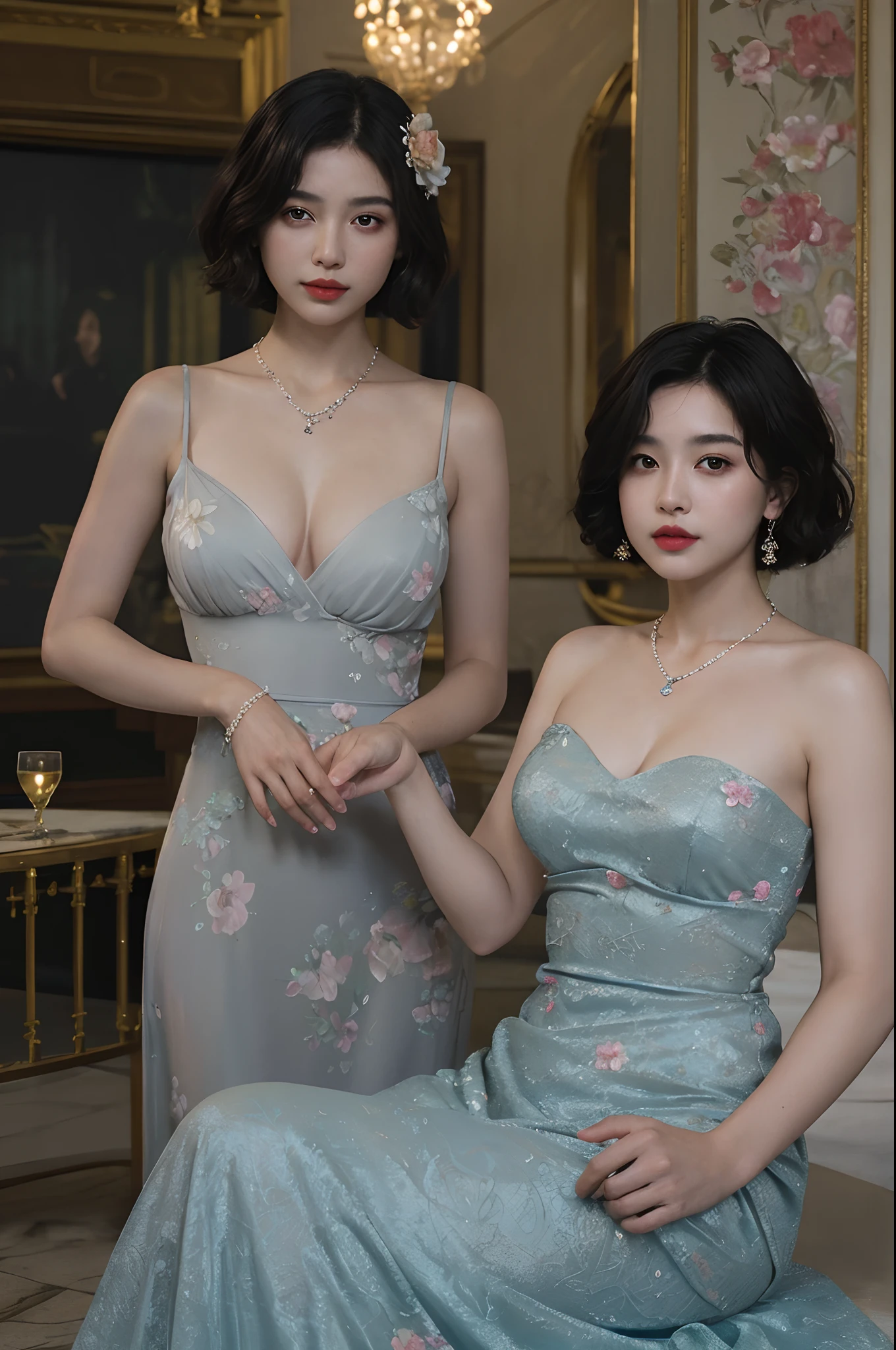 top-quality、​masterpiece、超A high resolution、(Photorealsitic:1.5)、Raw foto、1girl in、murky、deep-shadows、Unobtrusive、cold light、sexy appearance、shorth hair、((very_short_hair))、((Luxury evening dresses))、((Luxurious painting))、((Luxurious necklace))、((Floral hair ornament))、((hair_ornament))