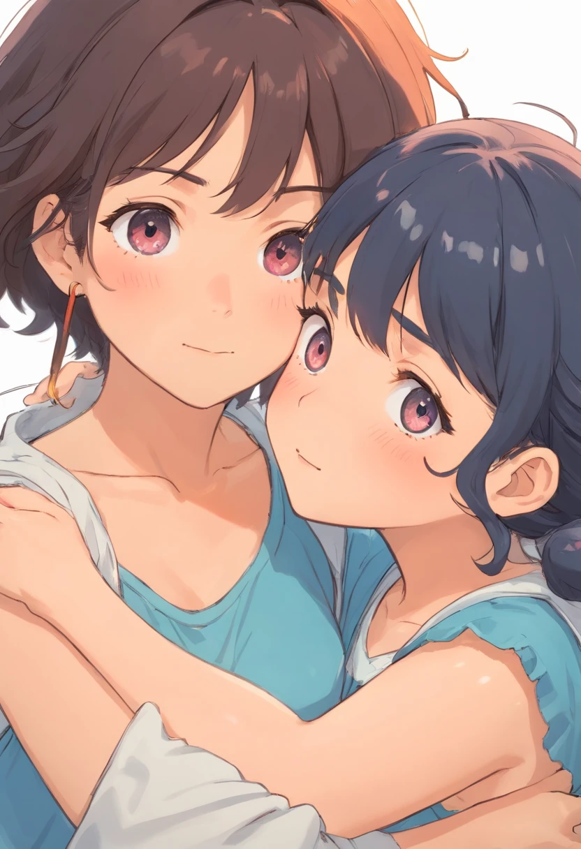 Manga Storyboard: 1.8, Manga Layout, "Dry brush, detail Enhanced, Detailed finger、Detailed hand、A detailed face、32K ,1990s style ), Kawaii twin girls、same appearance、The same face、A dark-haired、Different eye color。Hug your arms
