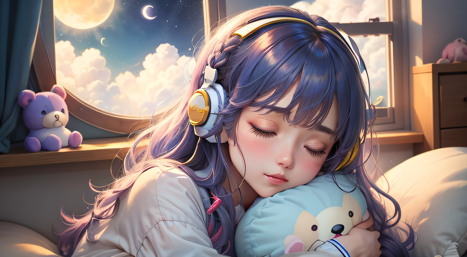 colorful、on clouds、kosmos、night, Big Moon in window、realistic、The girl is sleeping wearing red pajamas、She wears delicate headphones that blend into her hair, Only one stuffed animal、closed eyes, hugging pillow、超A high resolution