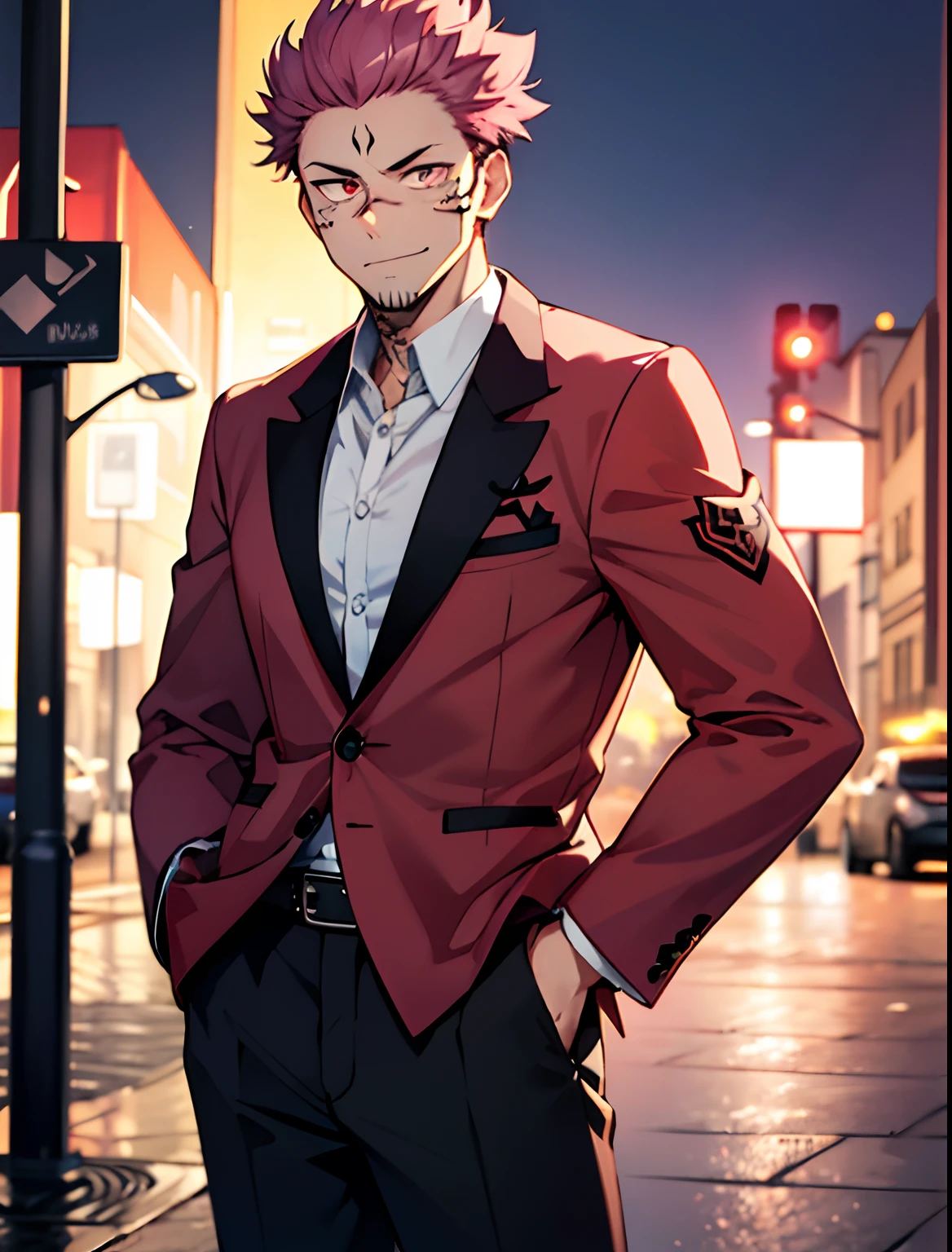 (masterpiece, best quality:1.2), cowboy shot, solo, male focus, 1boy, sukuna, hands in the pocket, tattoo_on_his_face, manly, full body, pink hair, black blazer, night city background, eye focus, 8k, intricate details,