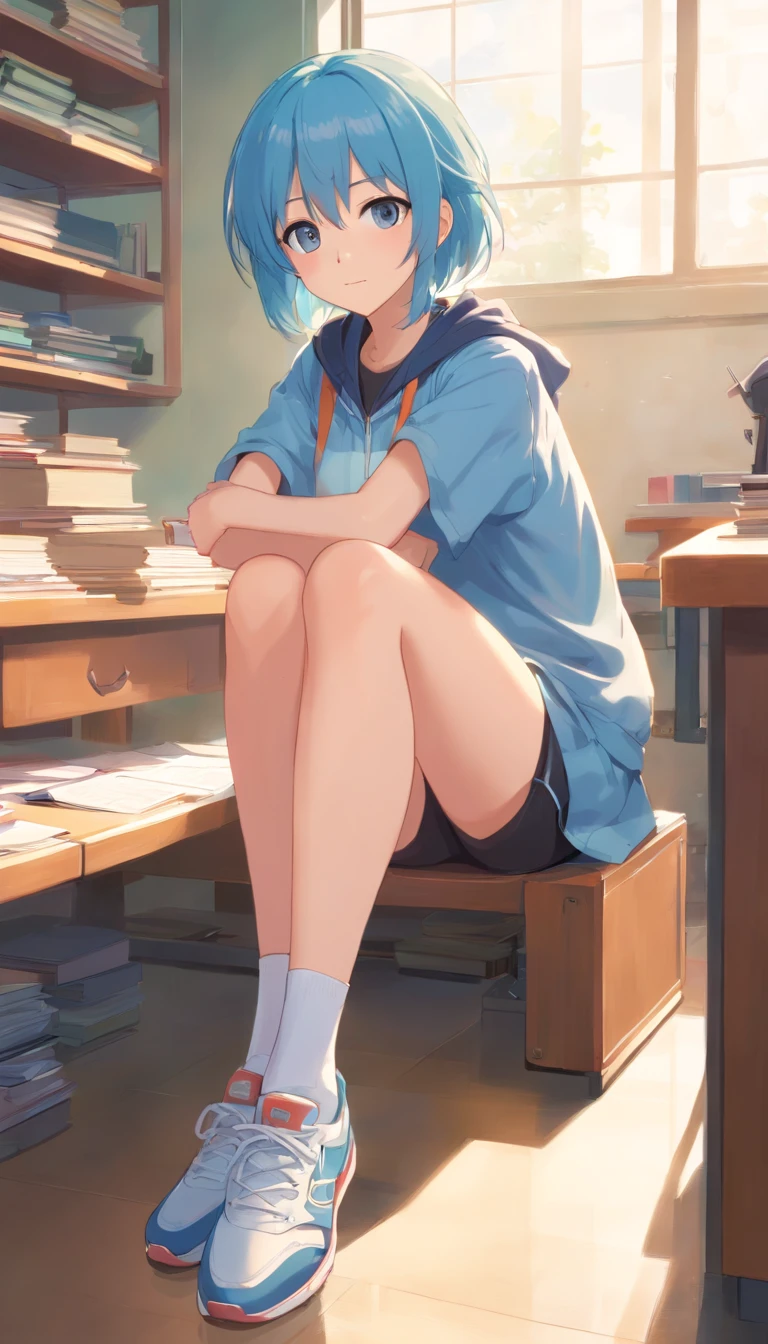 best qualtiy, tmasterpiece, 超高分辨率, realisticlying, 1 girl, Long light blue hair,Heterochromic pupils,Long legs, Student clothing,Lori sits,ssmile,white legwear,athletic sneakers,Classroom,wide angles