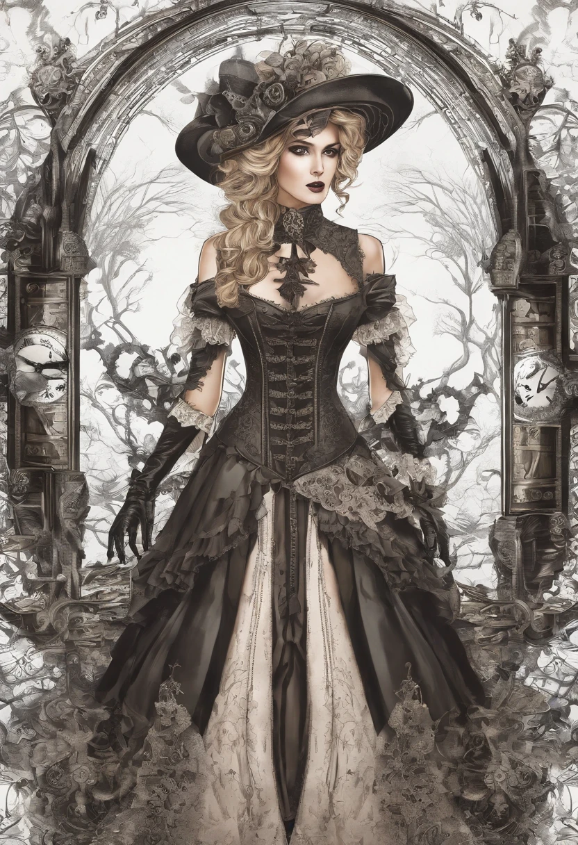 Beautiful blonde woman with a dress and hat from the Victorian era, low-cut and very chesty, the scene is a steampunk landscape, steampunk ornaments and ornaments, steampunk decorations on the dress, symmetry and 4k image quality