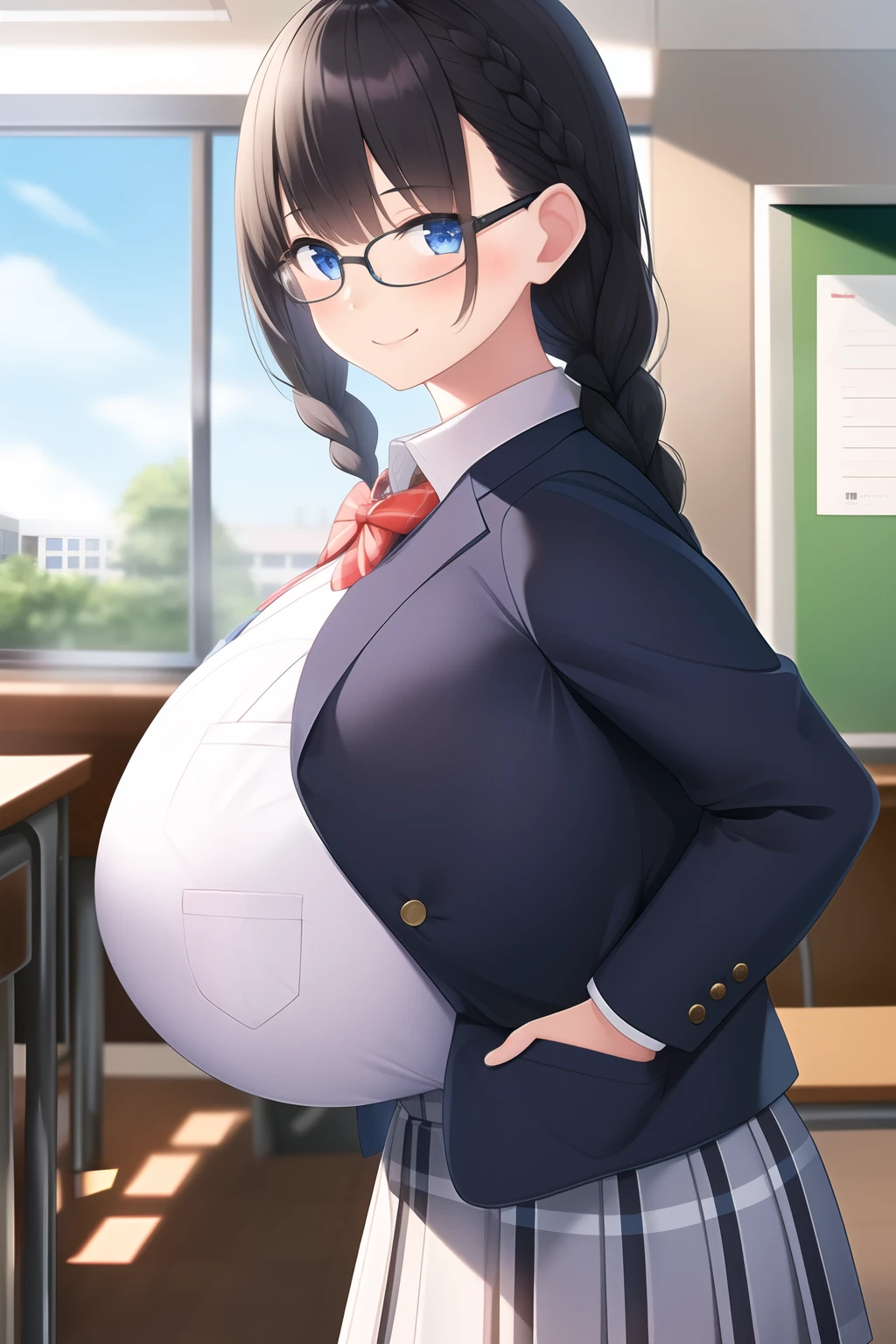 masterpiece, 1girl, pov, smile, (huge breast), room, from side, Intricate Iris Details, black hair, Braid, glasses, School uniform, white Shirt, pleated skirt, chest pocket, looking at viewer