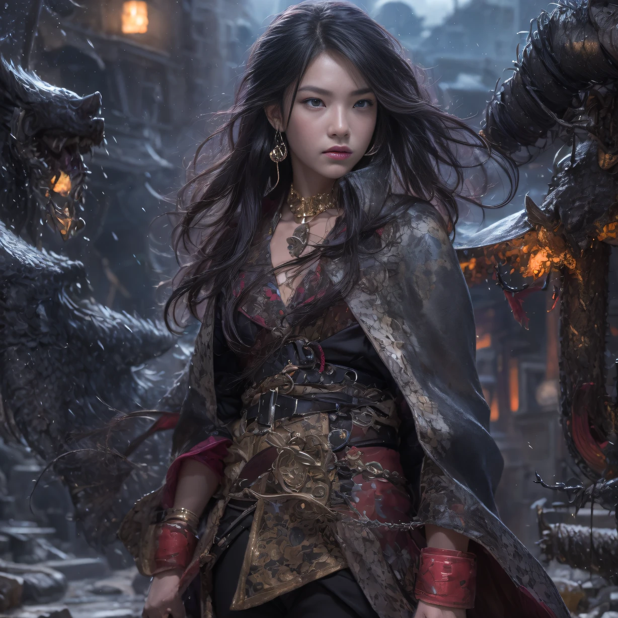 Portrait photo of a beautiful woman ,perfect eye+Best quality+a high resolution+ultra detailed))), Boa Hancock, snake_Scull, long black hair, keen eyes, Noble, Фон Scullа, sexual, Sharp Focus, photo by Greg Rutkowski, soft lighting, bright colors, masterpiece, ((streets)), detailed face